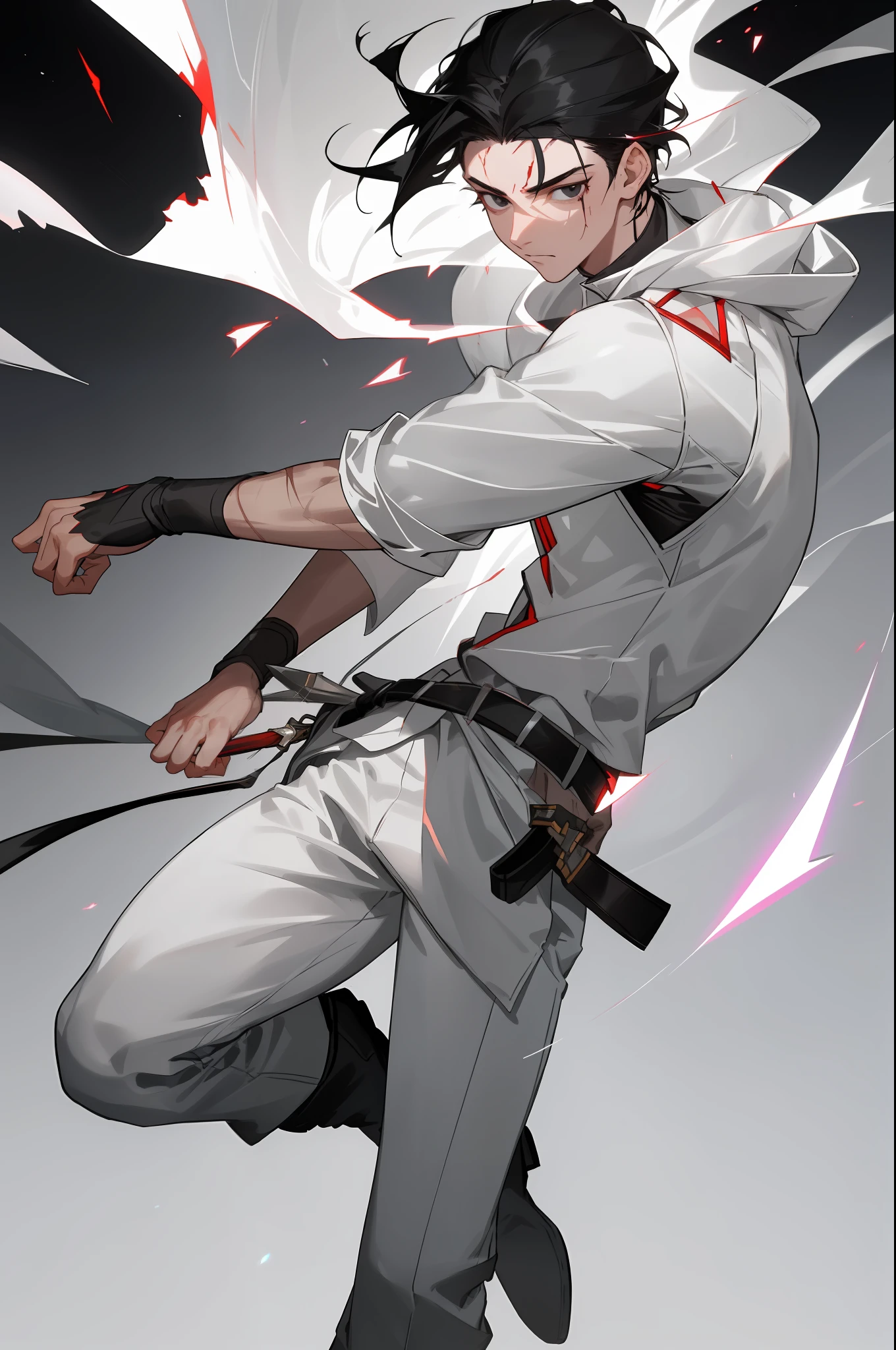 Realistic artwork, man 1, young man, black hair, black eyes, pointed nose, white skin, hair parted to the side with strands falling across his forehead, determined expression, slim build, gray clothing, white pants, black boots, two daggers with reddish edges in both hands, luminescence eyes, scar on his neck