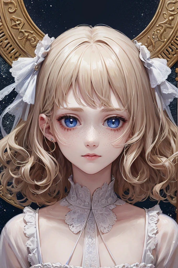 highest quality, pale skin, (face and eyes detail: 1.2), 1 girl, very delicate and beautiful girl, light blond, wavy short hair, blue eyes, snub nose, (slightly childish appearance), ((very beautiful)), ( freckles: 0.7), curls, science fiction, suffering, pain, despair, death, time.