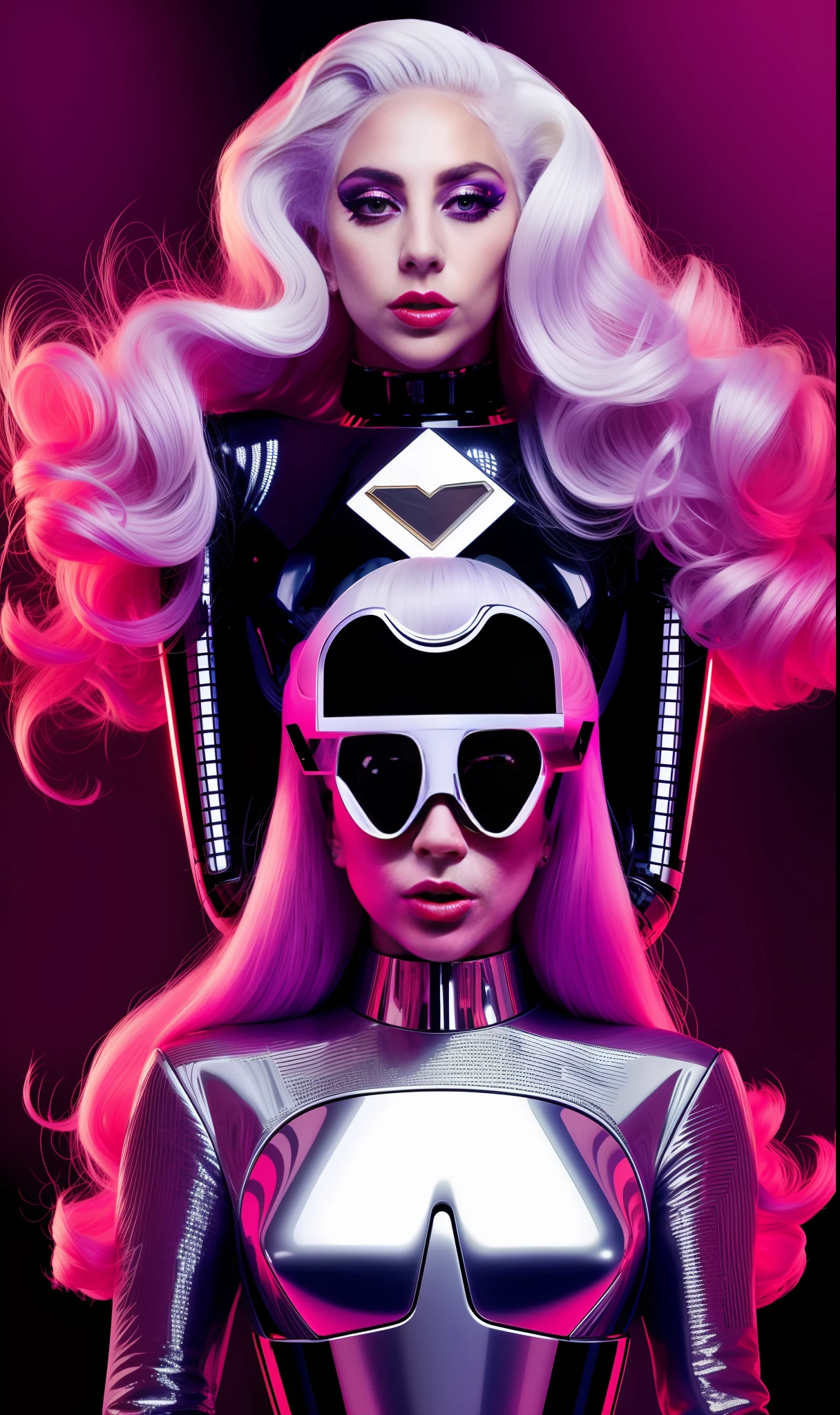 Lady gaga robot photo, 4K texture, long hair, high quality, extravagant hairstyle, original album cover, couture dress, 8k image, futuristic, high quality