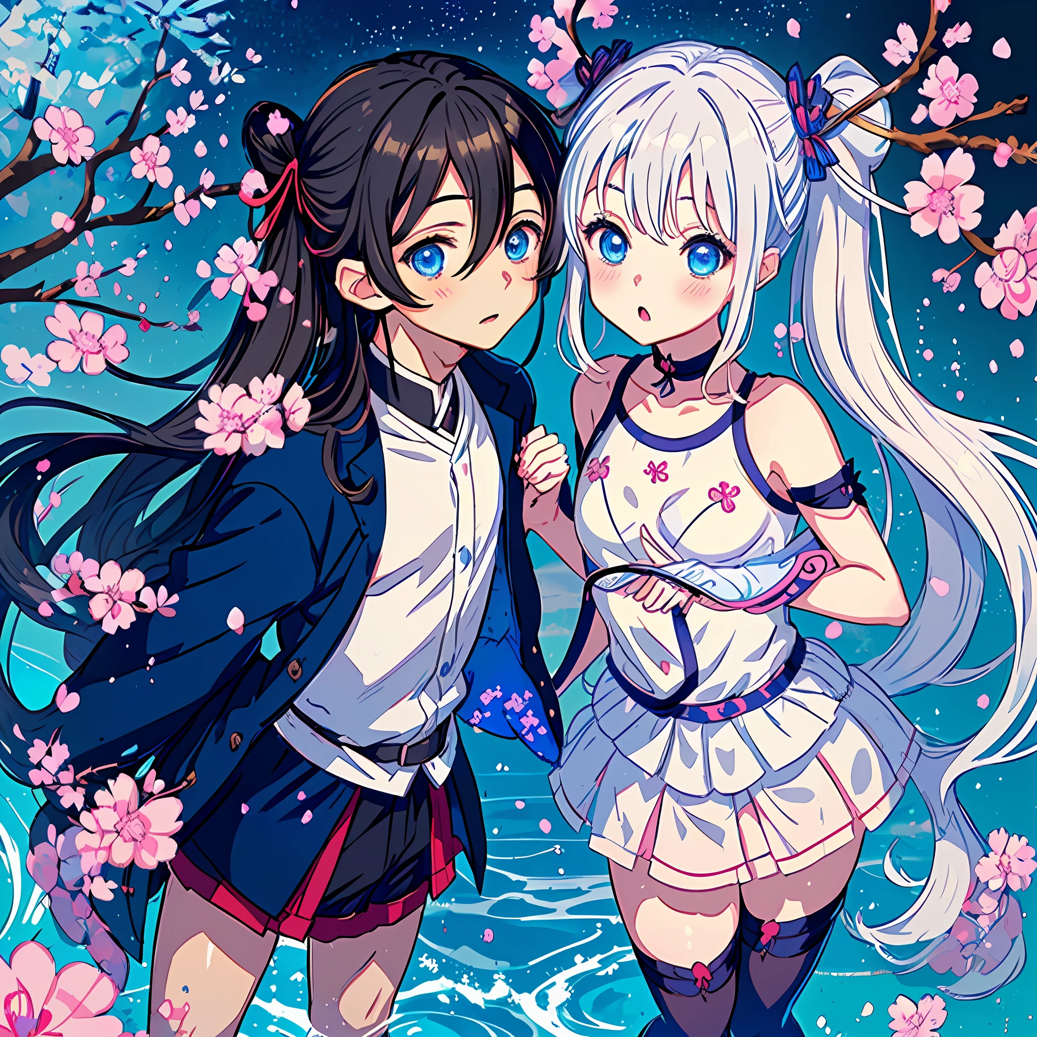 2people, couple pose, lovely couple, cute pose, boy and girl, 1boy, (((muichiro tokito))), \(kimetsu no yaiba\), long hair, dark hair, blue eyes, ager, teenirl, solo, small breasts, long hair, white hair, blue eyes, teenageren, young t