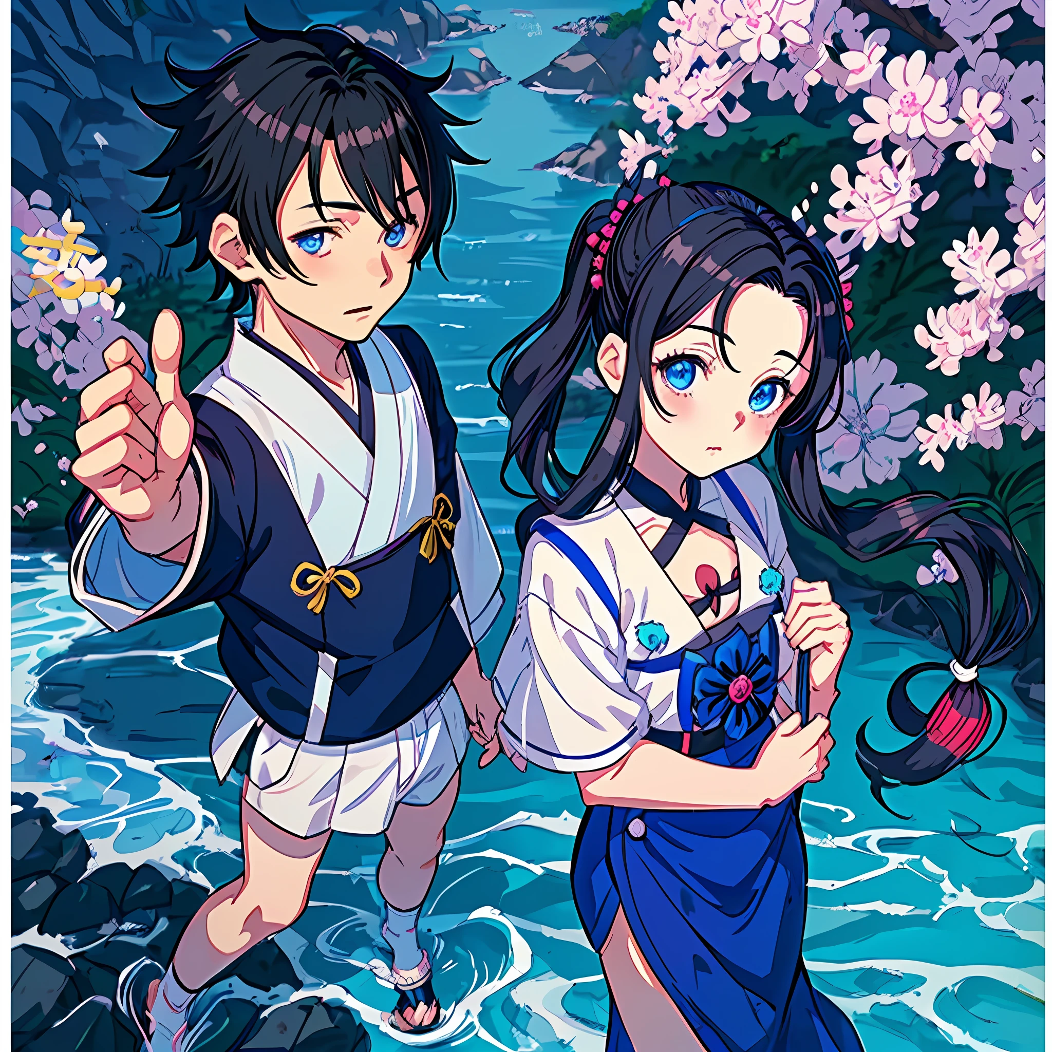2people, couple pose, lovely couple, cute pose, boy and girl, 1boy, (((muichiro tokito))), \(kimetsu no yaiba\), long hair, dark hair, blue eyes, teenager, teen, 1girl, solo, small breasts, long hair, white hair, blue eyes, teenager, teen, young adult