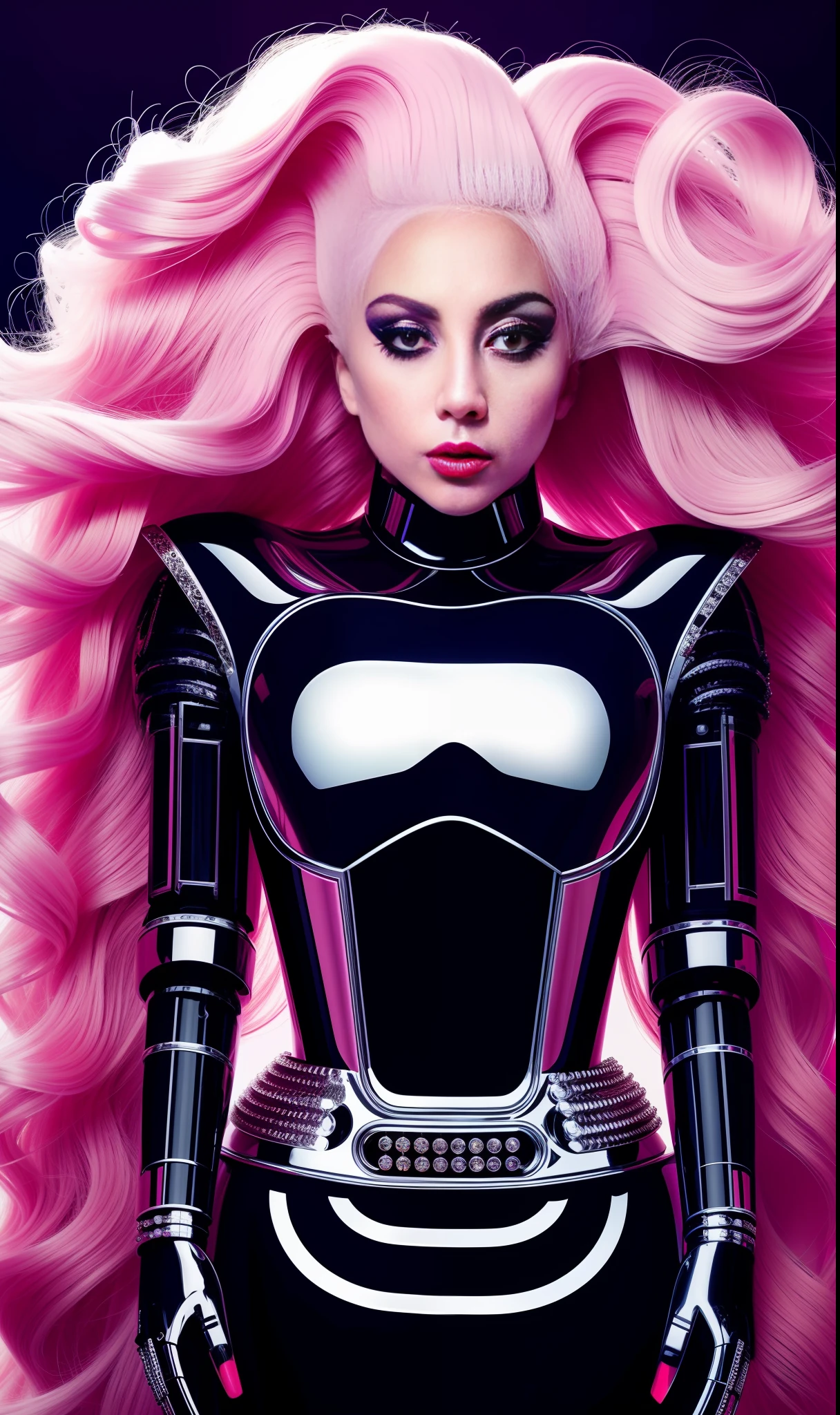 Lady gaga robot photo, 4K texture, long hair, high quality, extravagant hairstyle, original album cover, couture dress, 8k image, futuristic, high image quality
