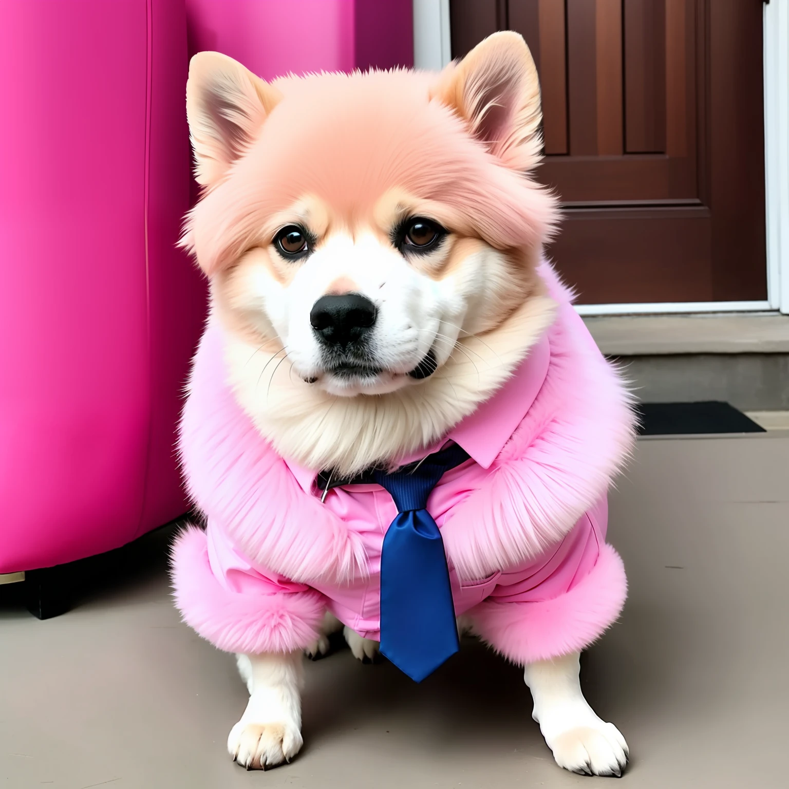 Pink fur dog wearing a suit