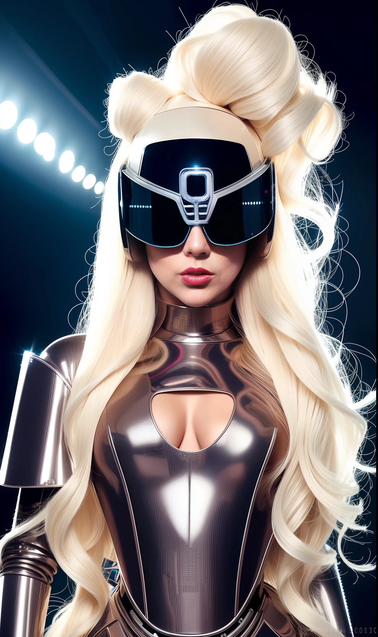 Lady gaga robot photo, 4K texture, long hair, high quality, extravagant hairstyle, original album cover, couture dress, 8k image, futuristic, high image quality, sharp features