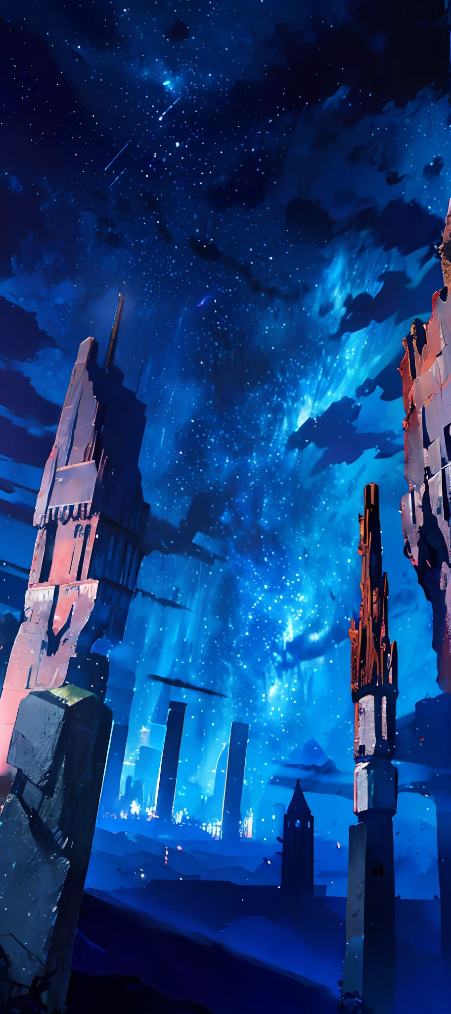 towers of god, blue towers, violet, blue, red, god, red sky, violet sky, starry sky, stars, starry towers, starry god, light blue, civilization, order