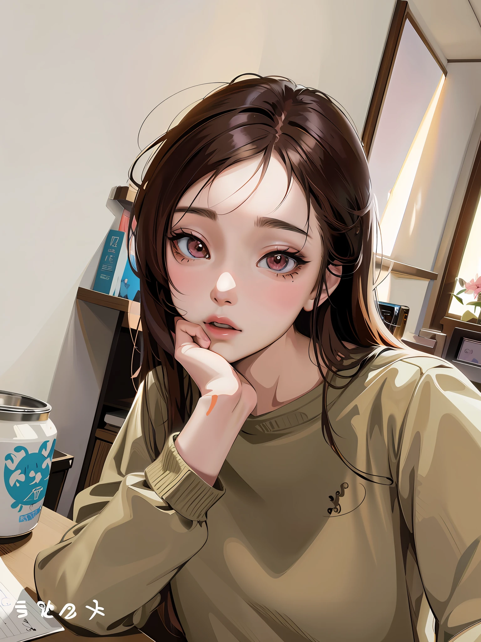 anime girl with long hair and brown shirt sitting at a desk, realistic anime 3 d style, kawaii realistic portrait, realistic anime artstyle, realistic anime art style, artwork in the style of guweiz, realistic artstyle, realistic young anime girl, 8k selfie photograph, digital anime illustration, beautiful anime portrait, photorealistic anime, made with anime painter studio