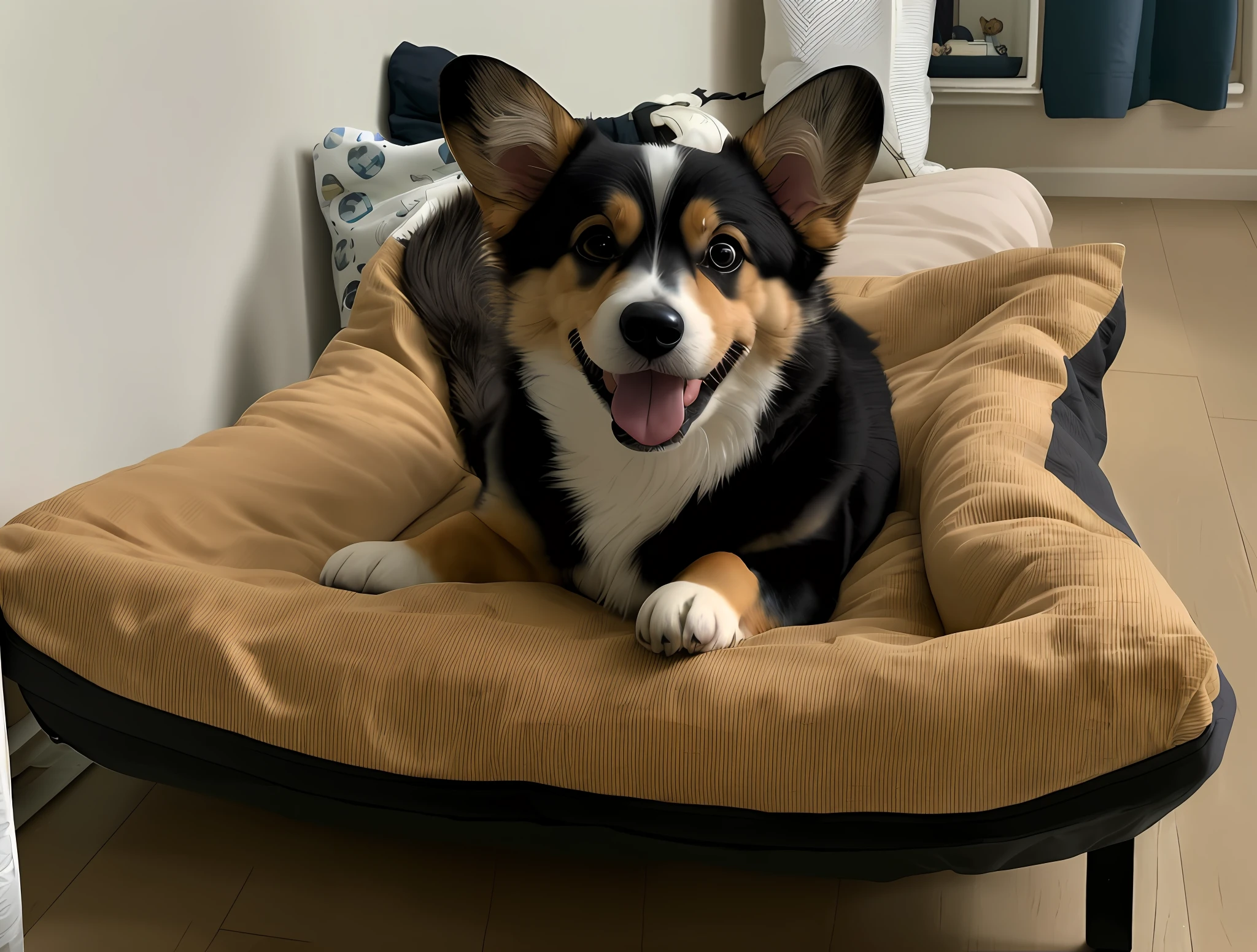 There is a dog lying on the dog bed, cute corgi, corgi, wide and comfortable bed, corgi with [angel wings]! ! , he is relaxed, lying on bed, cot unmade, happy smiling looking at camera, Corgi astronaut, relaxing, smiling at camera, lying on bed