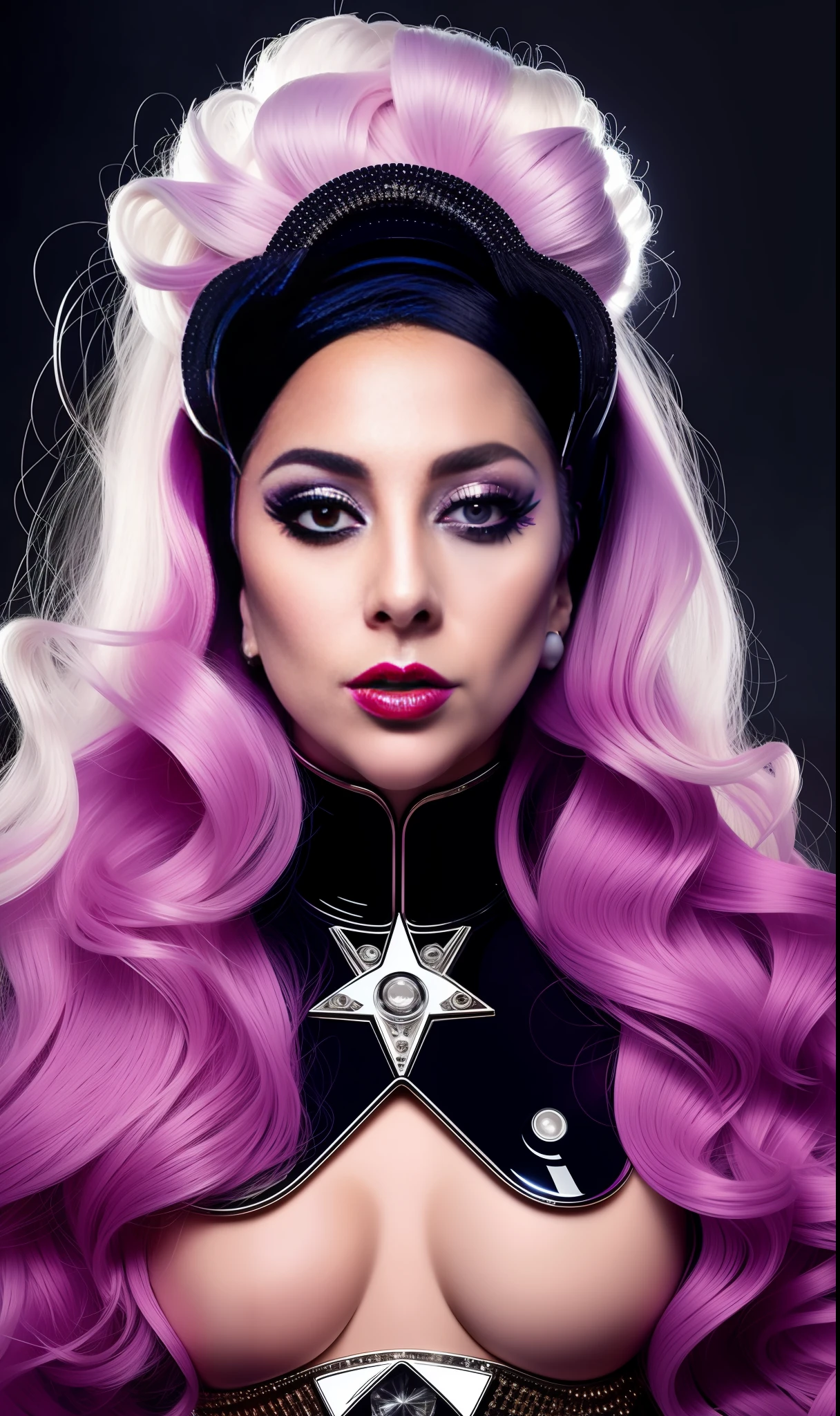 Lady gaga robot photo, 4K texture, long hair, high quality, extravagant hairstyle, original album cover, couture dress, 8k image, futuristic, high image quality, realistic r face