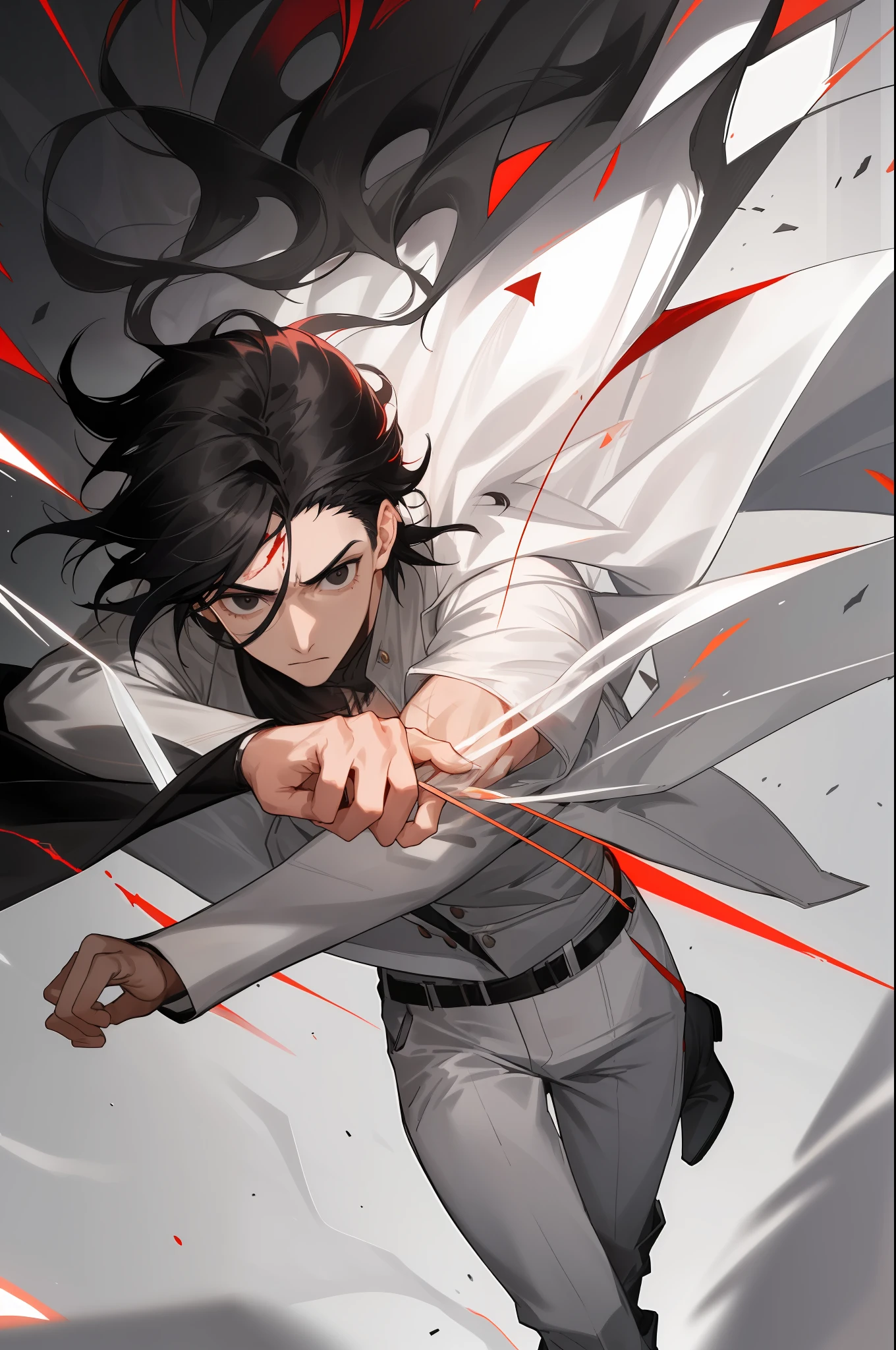 Realistic artwork, man 1, young man, black hair, black eyes, pointed nose, white skin, disheveled hair with strands falling across his forehead, determined expression, thin build, gray clothing, white pants, black boots, two daggers with reddish edges on both hands, eyes luminescence, scar on his neck