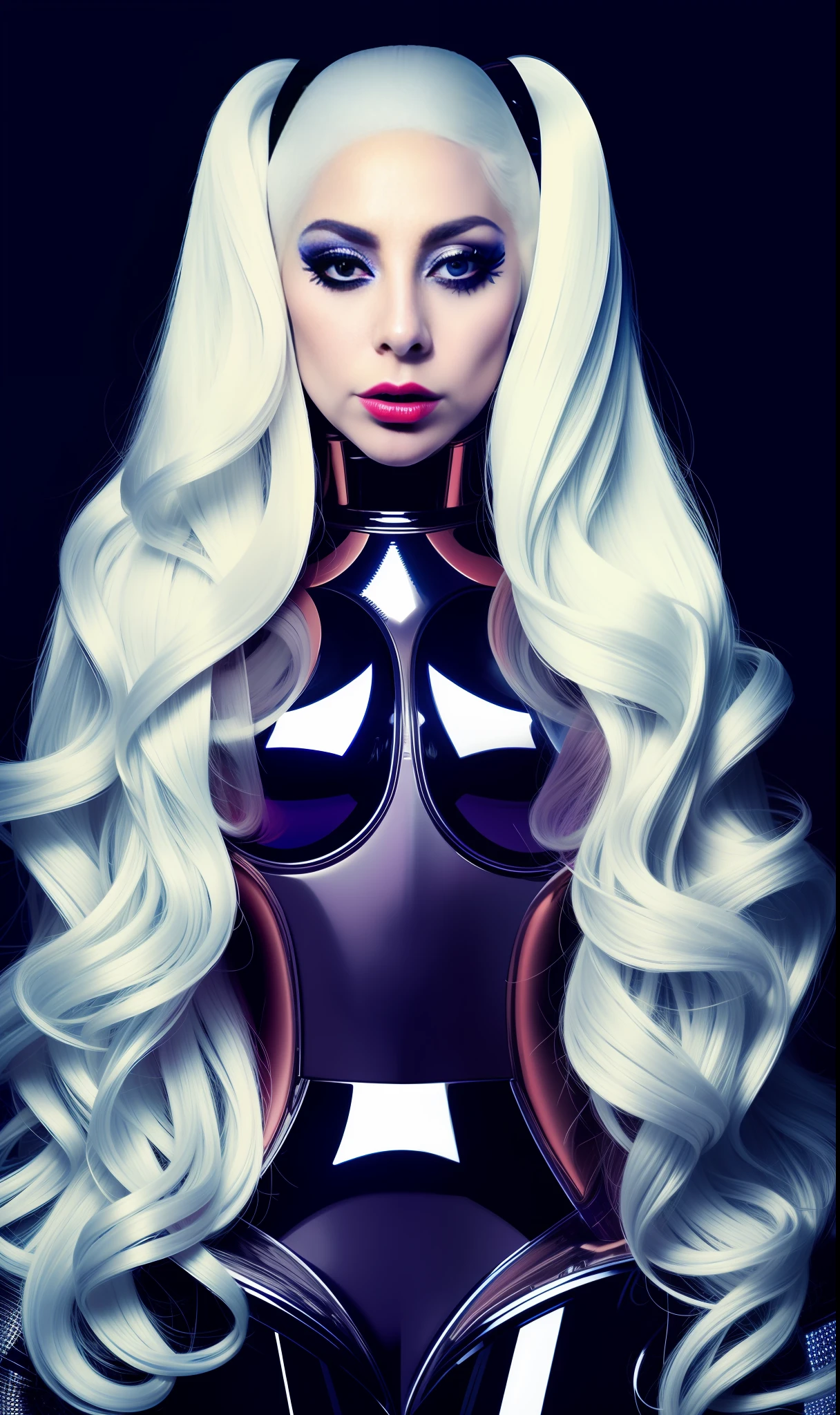Lady gaga robot photo, 4K texture, long hair, high quality, extravagant hairstyle, original album cover, couture dress, 8k image, futuristic, high image quality, sharp features, different poses