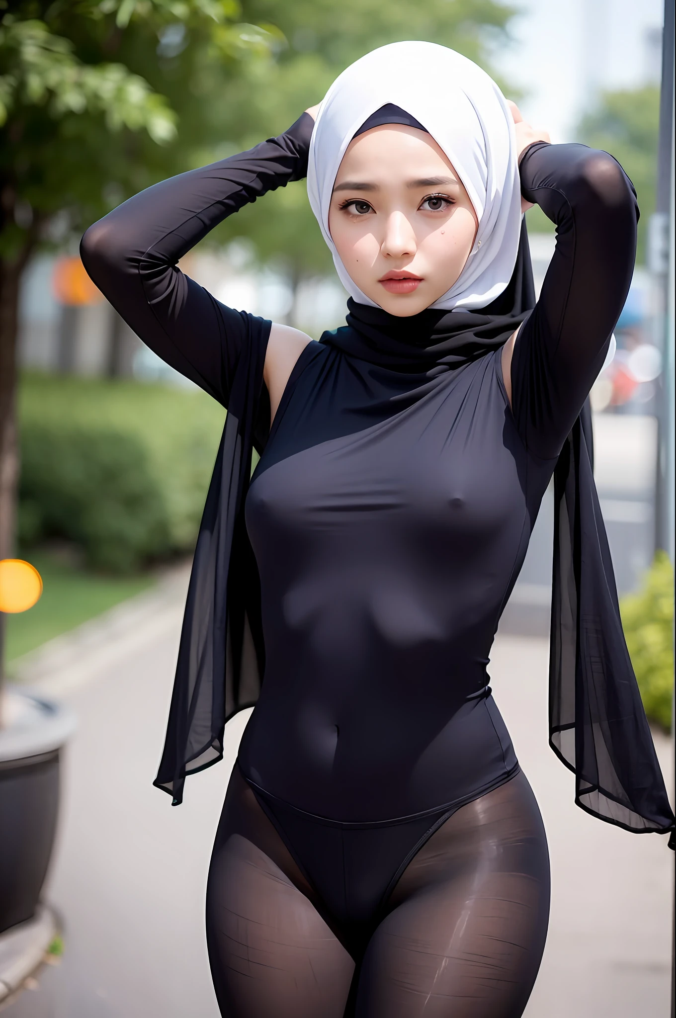 1girl, (looking at viewer), (bokeh:1.1), hijab, parted lips,expressionless, realistic, arm behind head, tights, pants, skyline, best quality, (photorealistic:1.4), ultra highres, no panties