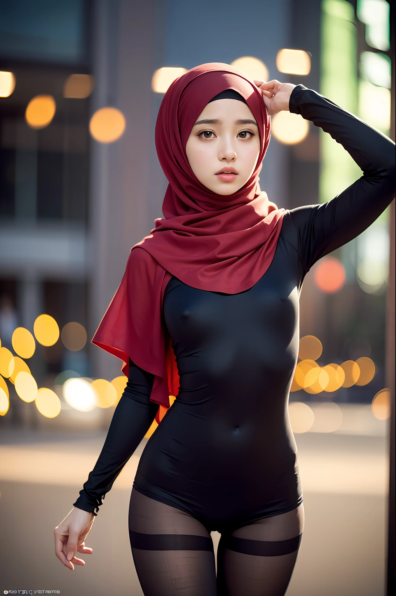 1girl, (looking at viewer), (bokeh:1.1), hijab, parted lips,expressionless, realistic, arm behind head, tights, pants, skyline, best quality, (photorealistic:1.4), ultra highres, no panties