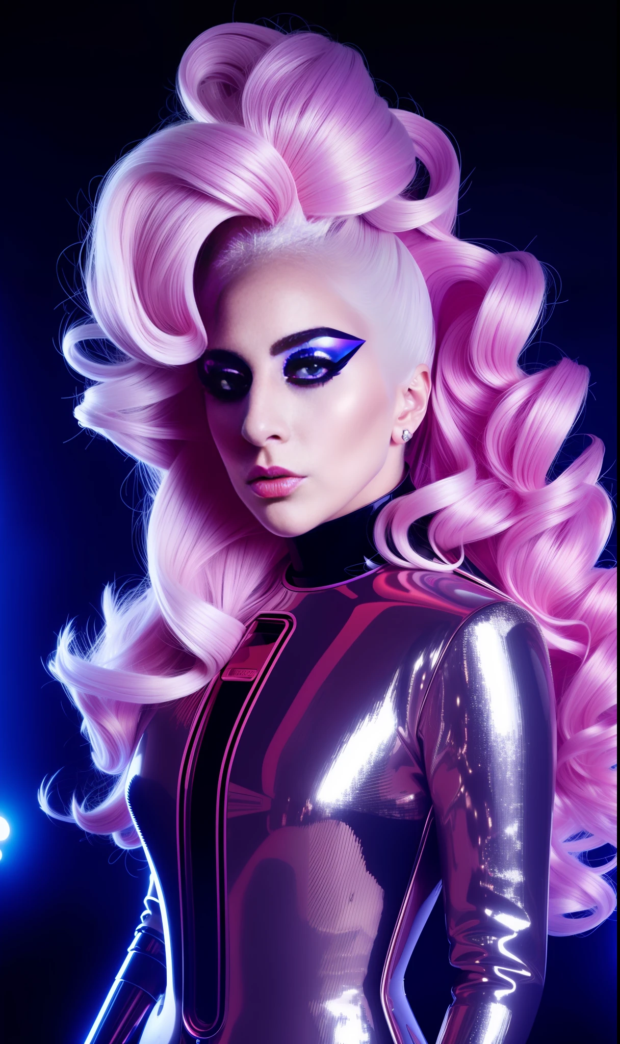 Lady gaga robot photo, 4K texture, long hair, high quality, extravagant hairstyle, original album cover, couture dress, 8k image, futuristic, high image quality, at night