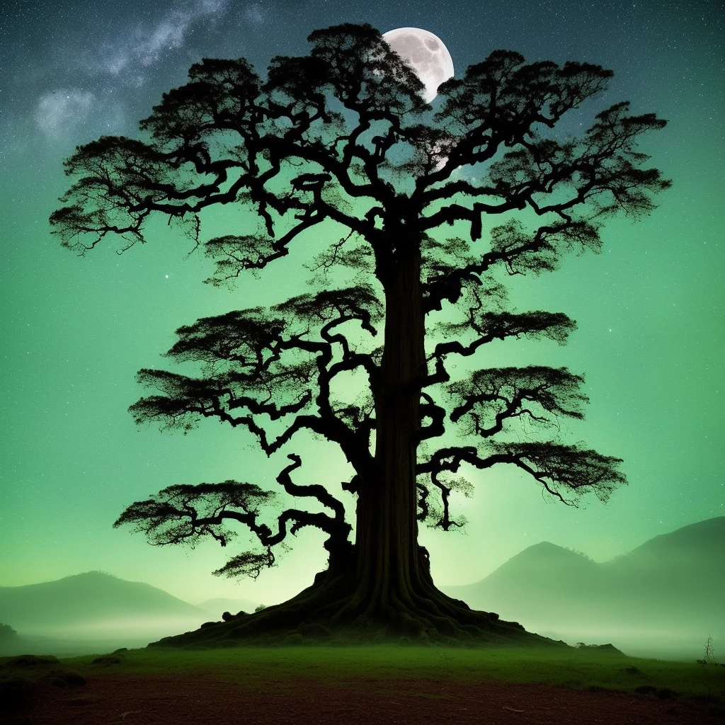 Design a cover for a fantasy novel set in a mystical forest. The title of the book is 'Twisted Wheels of Fate'. The cover should evoke a sense of magic and wonder, with a hint of danger. In the center, there's an ancient, majestic tree glowing with ethereal light. A mysterious figure, cloaked and carrying a black katana sword, stands in front of the tree. The moon shines brightly in the star-filled sky, casting long shadows on the forest floor.