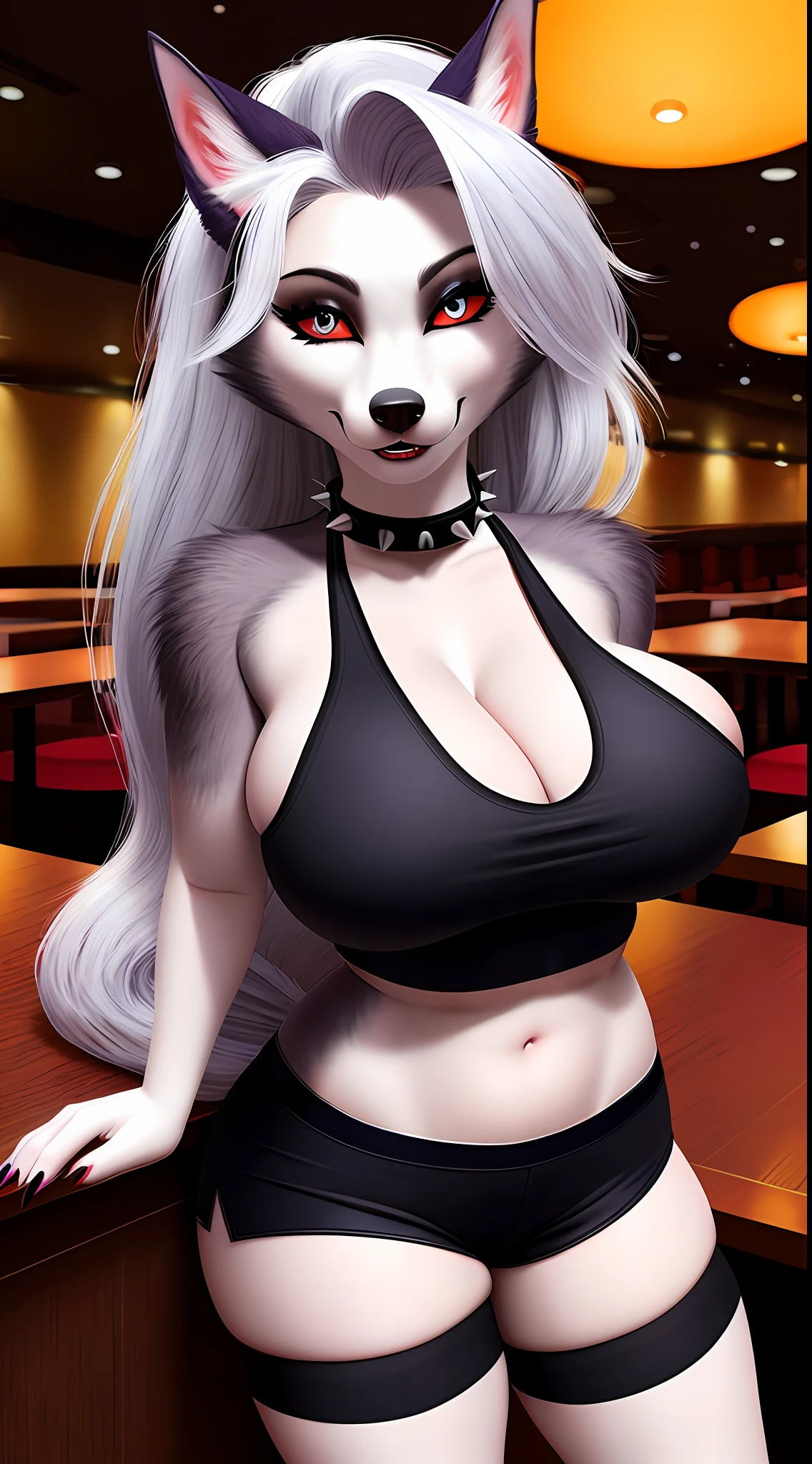 uploaded on e621, nsfw, raw photo, realistic, anthro, detailed face, detailed fur, snout, helluva boss, loona hellhound, loona, big breasts, clothed, Grey Crop Top, Black sport Shorts, Spiked Collar Choker, Grey Leg Warmers, high res, high resolution, restaurant background, sfw, leaning over, looking at viewer, cleavage, cleavage overflow, about to bust, smiling
