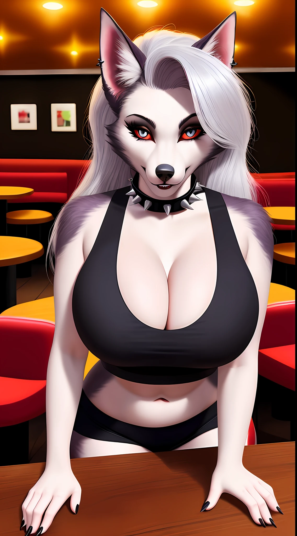 uploaded on e621, nsfw, raw photo, realistic, anthro, detailed face, detailed fur, snout, helluva boss, loona hellhound, loona, big breasts, clothed, Grey Crop Top, Black sport Shorts, Spiked Collar Choker, Grey Leg Warmers, high res, high resolution, restaurant background, sfw, leaning over table, over table, looking at viewer, cleavage, cleavage overflow, about to bust, smiling, big nipple