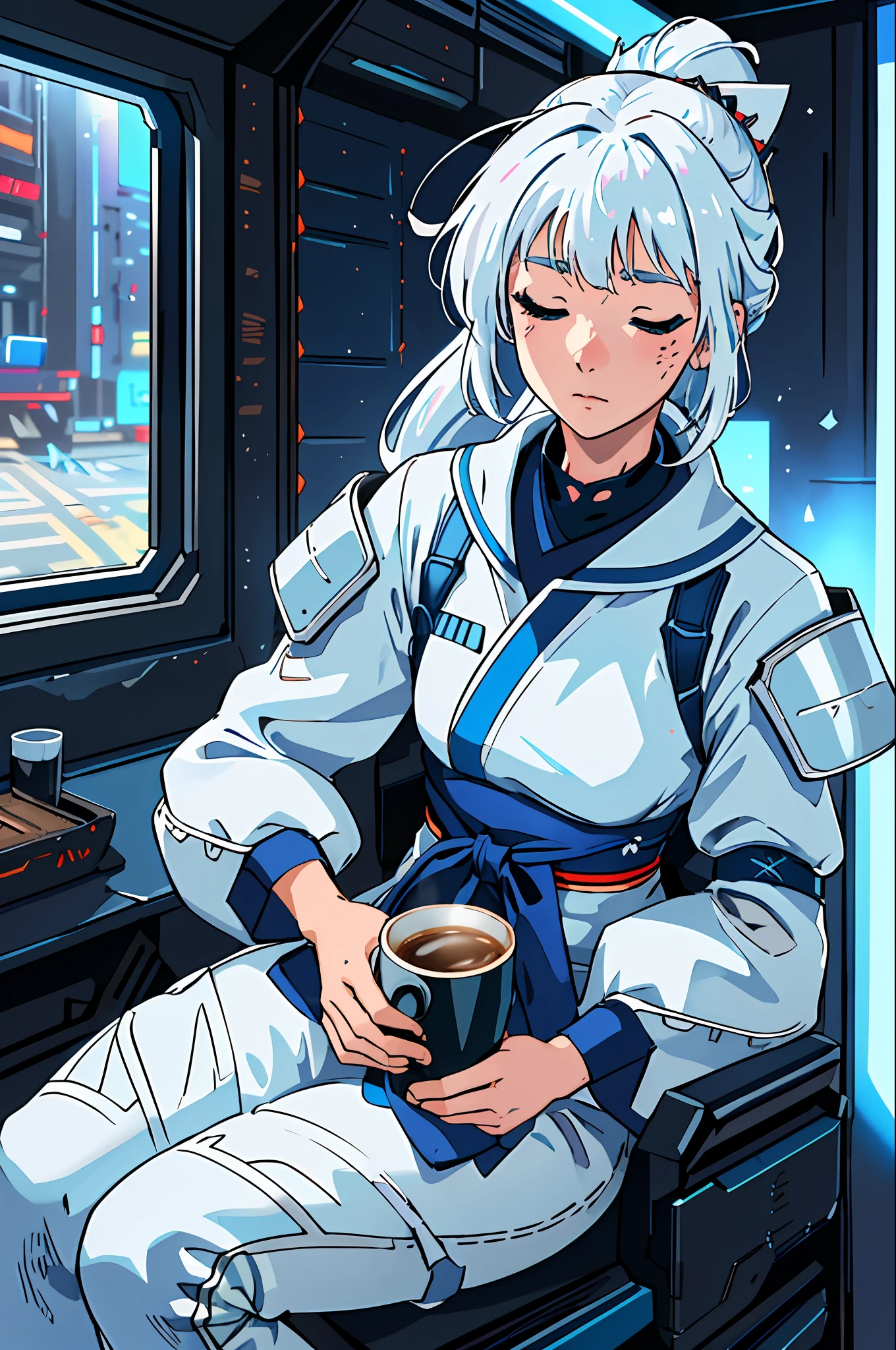 (extremely detailed CG unity 8k wallpaper, best quality, masterpiece), cyberpunk, traditional Japanese environment, futuristic stitching, damaged samurai armor, ((1girl)), dynamic pose, cup of coffee, (cat sleeping in girl's lap), (blue:1.2+white:1.2) hair, (blue:1.2+white:1.2) outfit, neck accessory, urban background, Volumetric light.