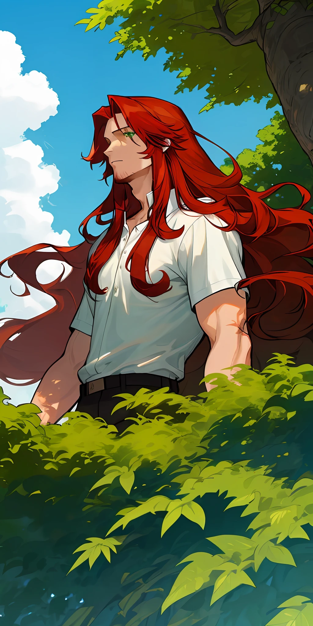 red haired, long-haired man, green eyes, white shirt, nature, blue sky, lots of clouds, foliage