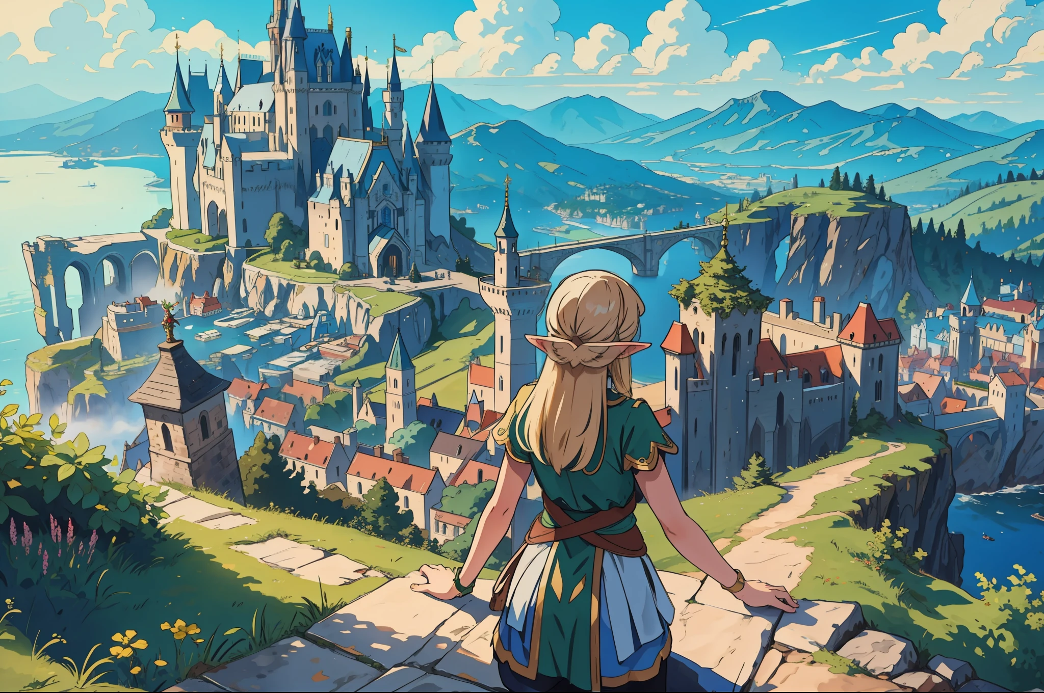 masterpiece, best quality, elf girl on top of a cliff, overlooking a big city with castle at the side of a mountain, aerial view--v6