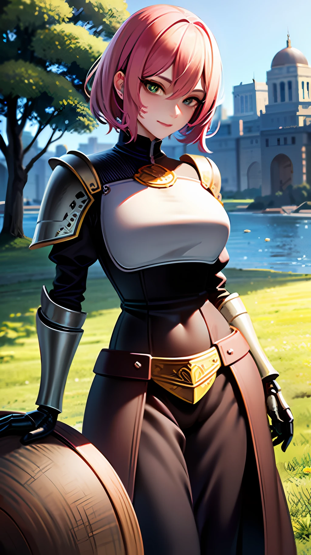 (landscape), 1 woman, petty, noble, ((helm)), hot pink hair, short hair, ugly, (green eyes), medium breasts, thin waist, ((plate armor, ornamental armor)), medium skirt , big hips, dark fantasy, medieval, city background, (((masterpiece, ultra detailed, ultra detailed eyes, best quality, 16k))), --stylized 750