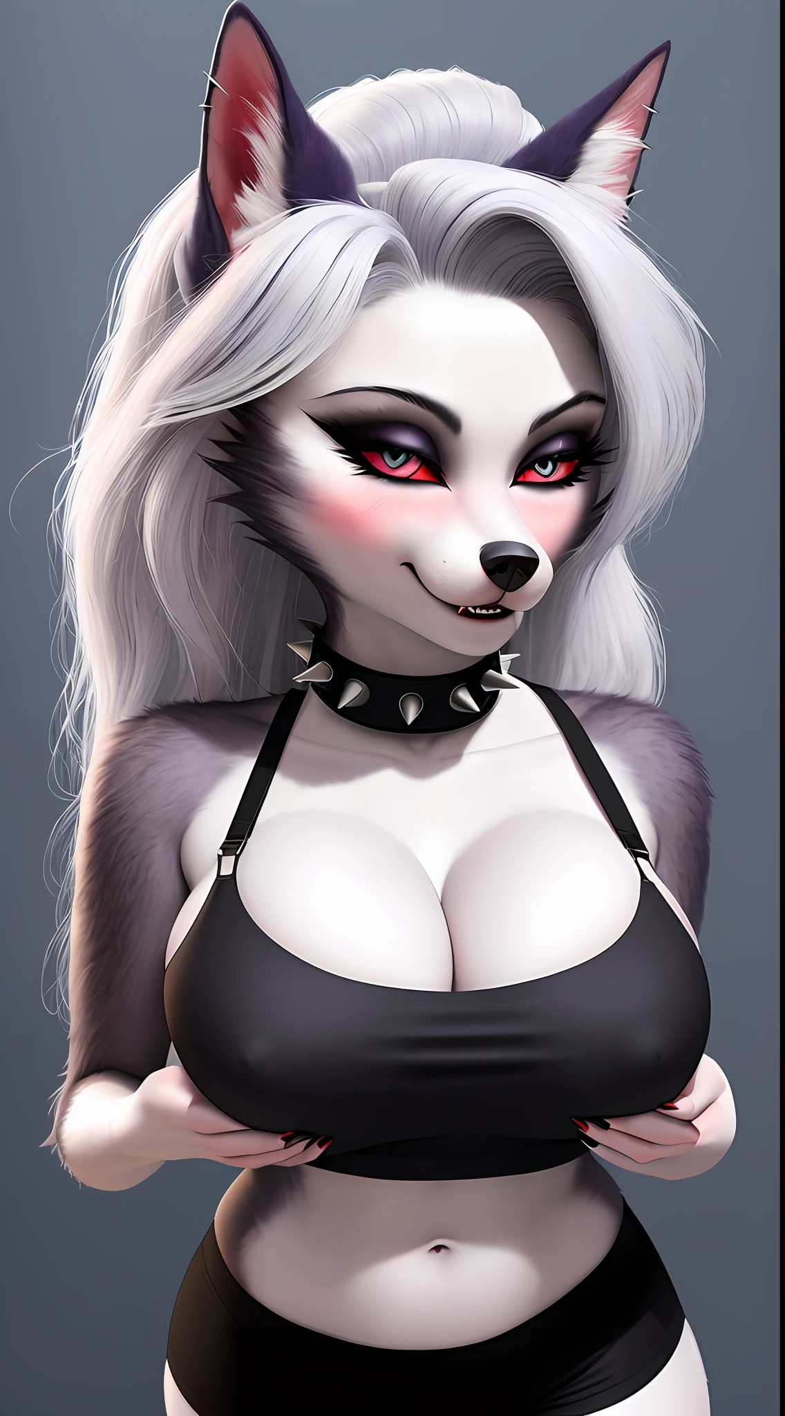 uploaded on e621, nsfw, raw photo, realistic, anthro, detailed face, detailed fur, snout, helluva boss, loona hellhound, loona, big breasts, clothed, Grey Crop Top, Black sport Shorts, Spiked Collar Choker, Grey Leg Warmers, high res, high resolution, touching breast, blushing