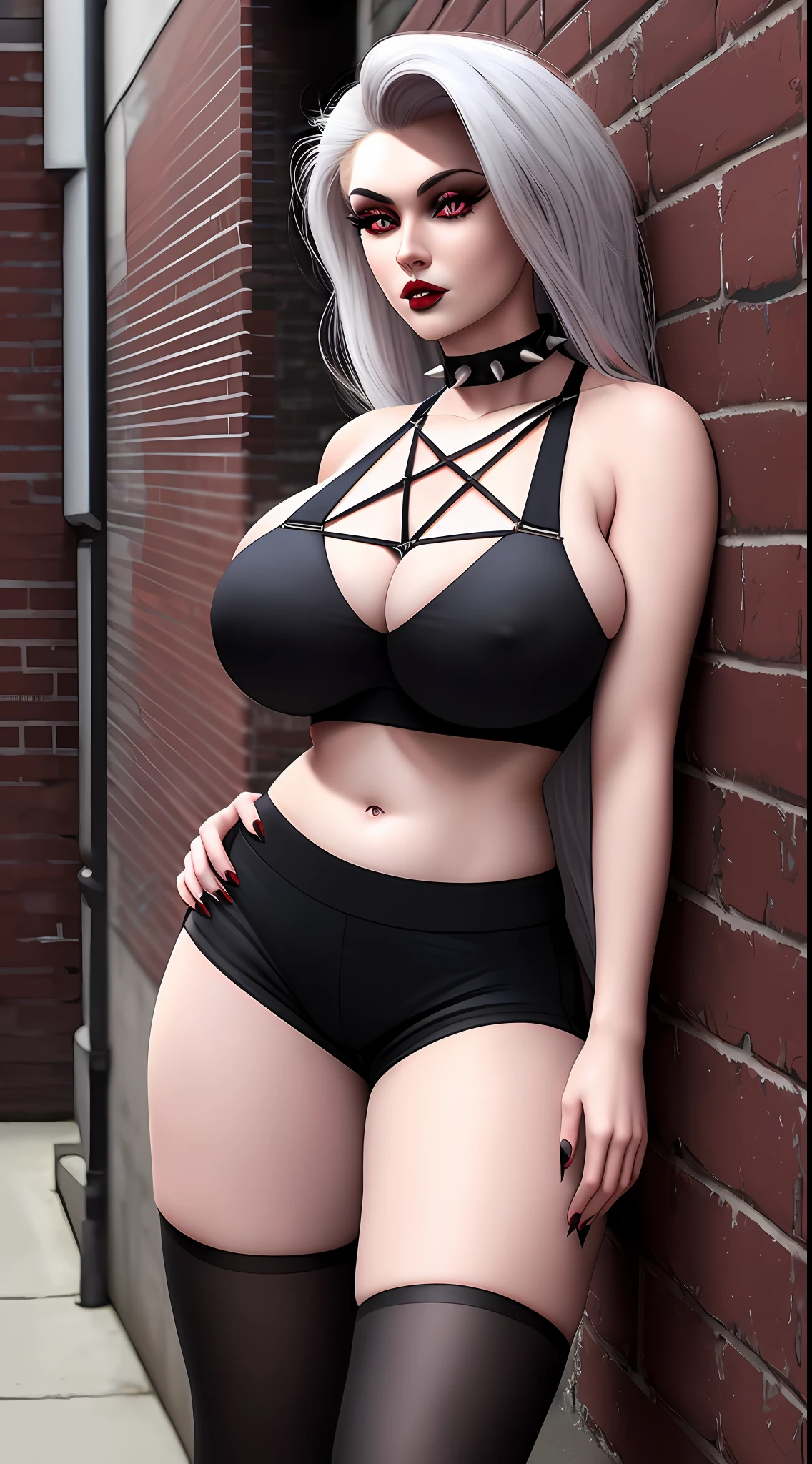 uploaded on e621, nsfw, raw photo, realistic, human, detailed face, helluva boss, loona human, loona, big breasts, clothed, Grey Crop Top, Pentagram Harness, Black sport Shorts, Spiked Collar Choker, Grey Leg Warmers, high res, high resolution, leaning on wall, alleyway background, sfw
