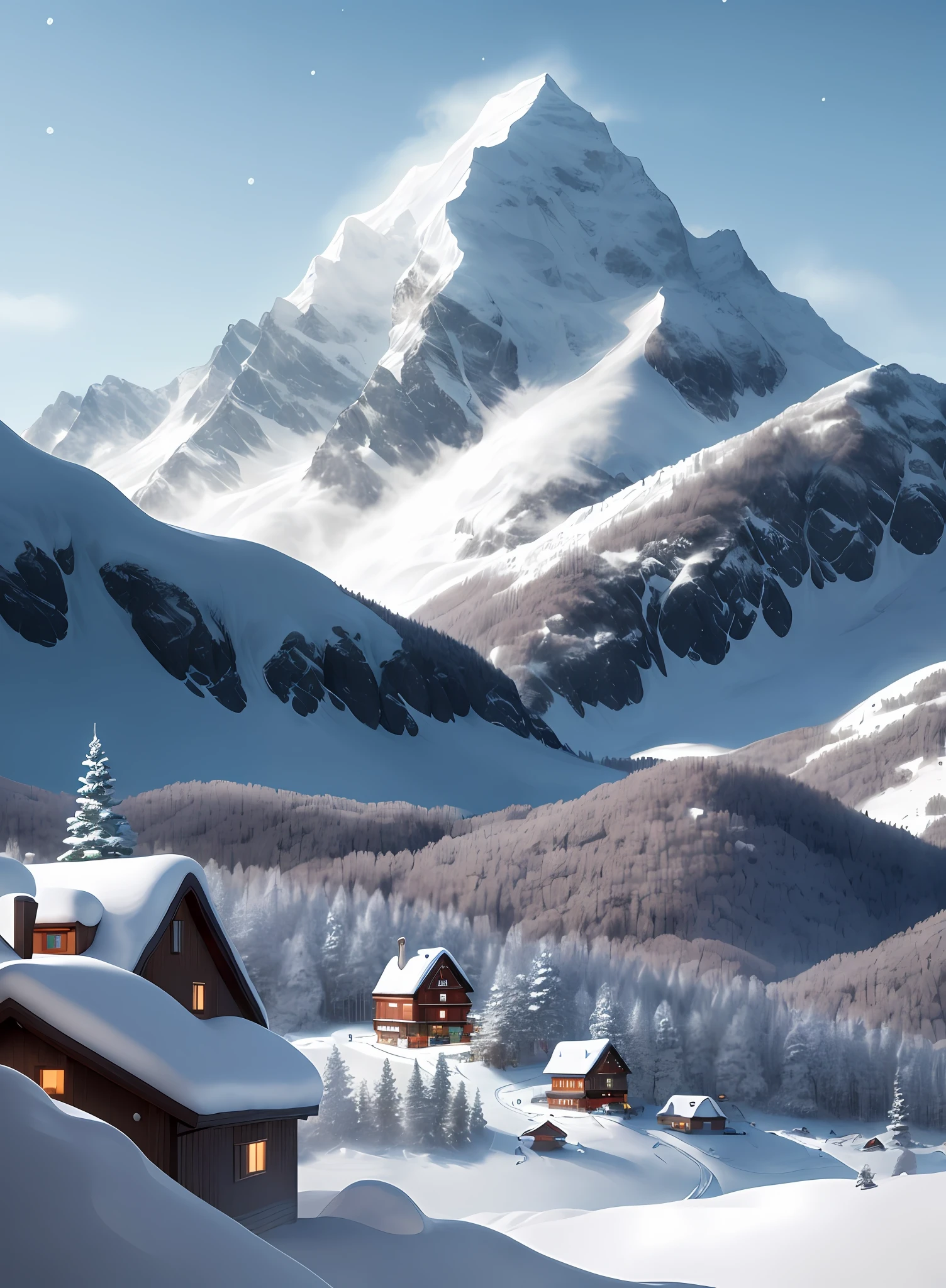 In a snow-covered mountain village, a small house is nestled between distant and near mountains. The white snowflakes are playing and falling gently among the miscellaneous trees, adding a touch of softness and haze to the whole picture. The cyan house and the red windows stand out against the white background, and they convey a little warmth to the world. The mountains in the distance blend into the blue sky, forming a harmonious and beautiful picture, which makes people feel the magic and charm of nature.
