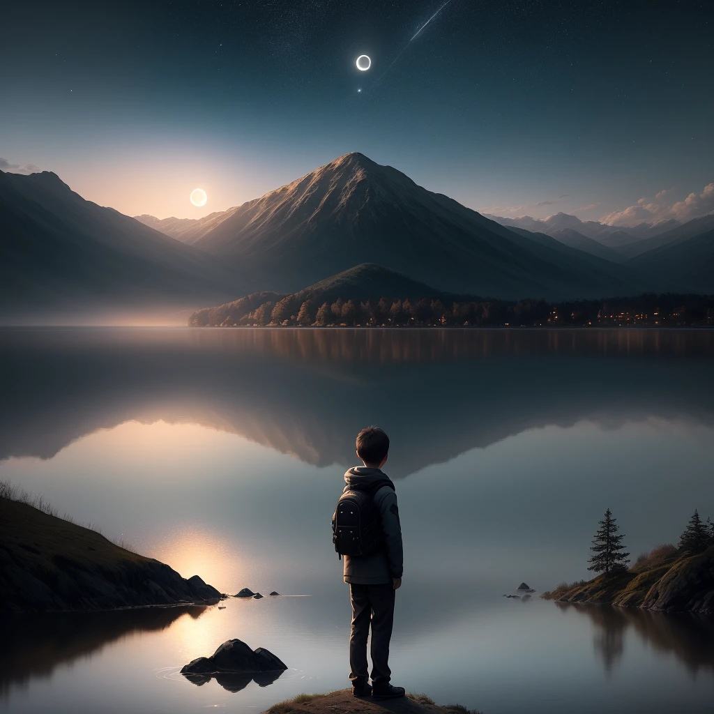 A silent boy looking towards moon in the night.the moon is high above his head and it is not very big. In front of him, there is a lake with water and it is a dark black night. He is in positive hope. There are very few stars also in the sky but they are in very less number. His half back is visible.
Detailed, sharp, cinematic, concept art, photography, beautiful, relaxing