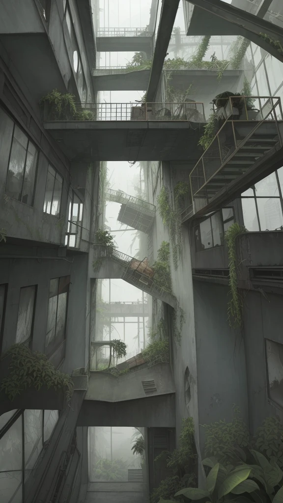 desolated, exterior, powder paint, grainy canvas, nowadays architecture, tropical rainforest biome, unconventional flora, flawless layout, perspective, hand-drawing imitation, constructive approach, industrial staircase, (rusty, bunch of broken windows), concrete steel glass, matching constituents, derelict, simplified water, artistical skies, dramatic scenery, streamlined setting, an overgrown [inspired by Machinarium]