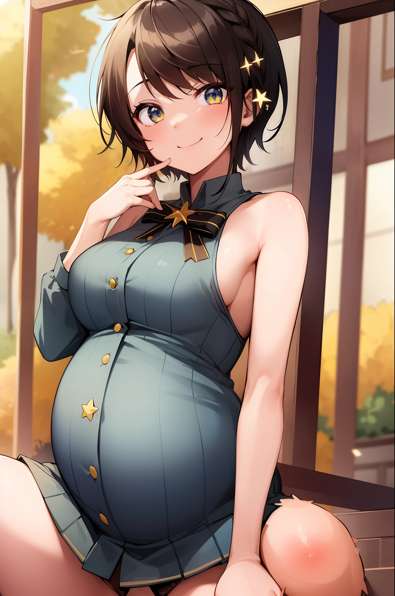 2d, masterpiece, best quality, anime, highly detailed, cowboy shot, 1girl, solo, oozora subaru, french braid, star \(symbol\), sitting, outdoors, smile, spread legs, ahegao, pregnant, detailed, ultra HD, 8k