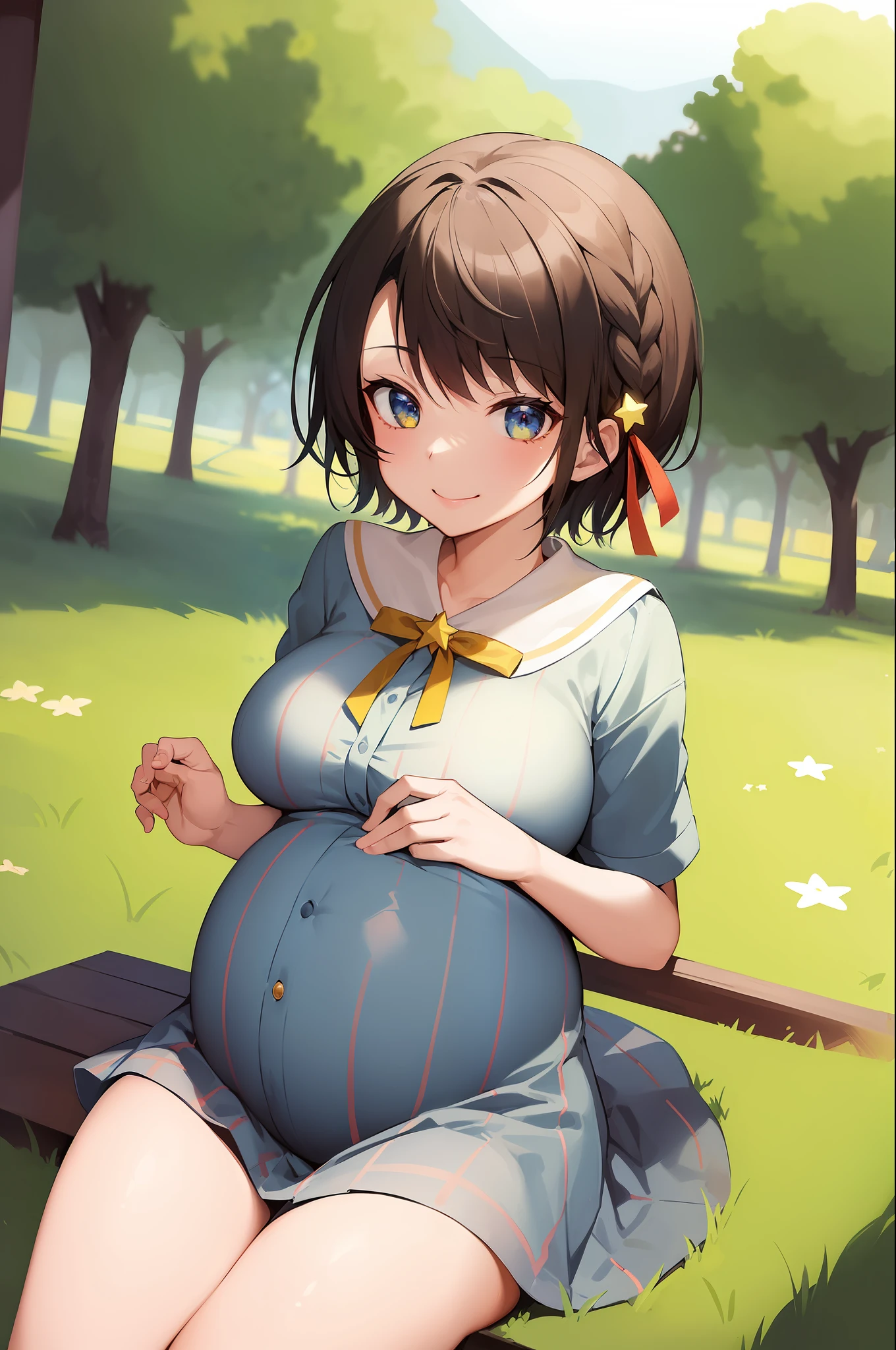 2d, masterpiece, best quality, anime, highly detailed, cowboy shot, 1girl, solo, oozora subaru, french braid, star \(symbol\), sitting, outdoors, smile, spread legs, ahegao, pregnant, detailed, ultra HD, 8k