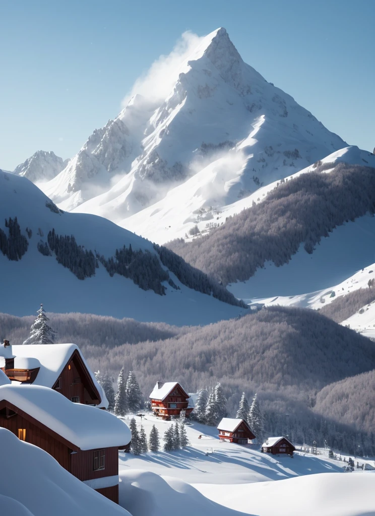 In a snow-covered mountain village, a small house is nestled between distant and near mountains. The white snowflakes are playing and falling gently among the miscellaneous trees, adding a touch of softness and haze to the whole picture. The cyan house and the red windows stand out against the white background, and they convey a little warmth to the world. The mountains in the distance blend into the blue sky, forming a harmonious and beautiful picture, which makes people feel the magic and charm of nature.