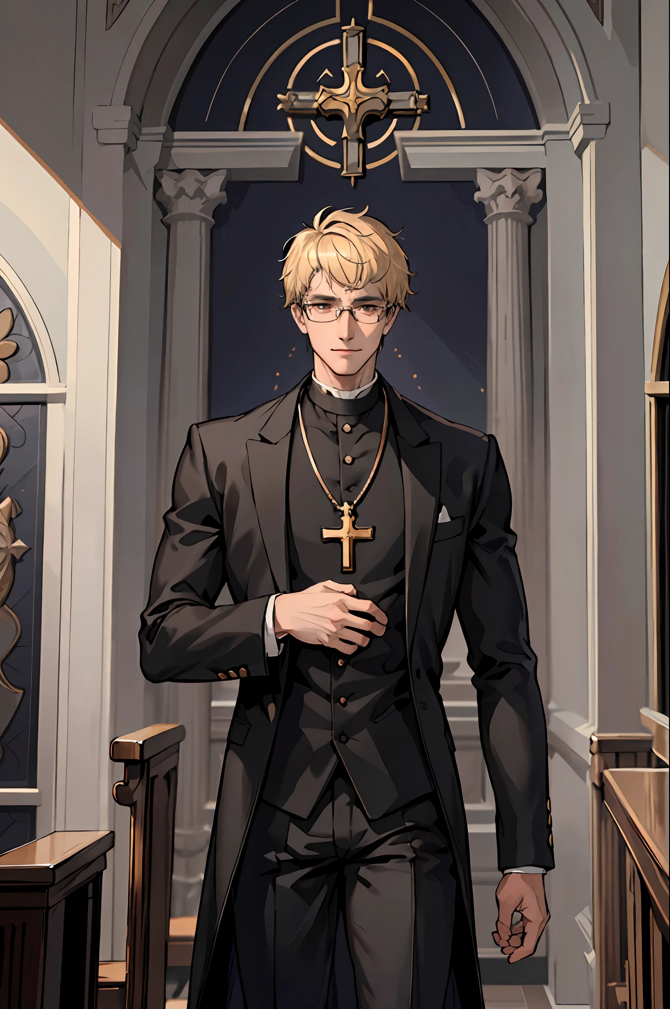 (masterpiece:1.2, best_quality, intricate_details, high_resolution, hyper detailed, highly_detailed), 1 male, mature, aged up:1.4, tall muscular guy, broad shoulders, finely detailed eyes and detailed face, extremely detailed, handsome, male, big pectorals, eerie atmosphere, dark lighting, professor, religion professor, cathedral, priest, cross necklace, priest_uniform, tight_shirt around pectorals, church, glasses, black pants, half shot, detailed background, extremely detailed CG unity 8k wallpaper, blonde hair, brown eyes, religious, sublime, holy, priest_cassock, gentle smile, caring expression, clean shaven