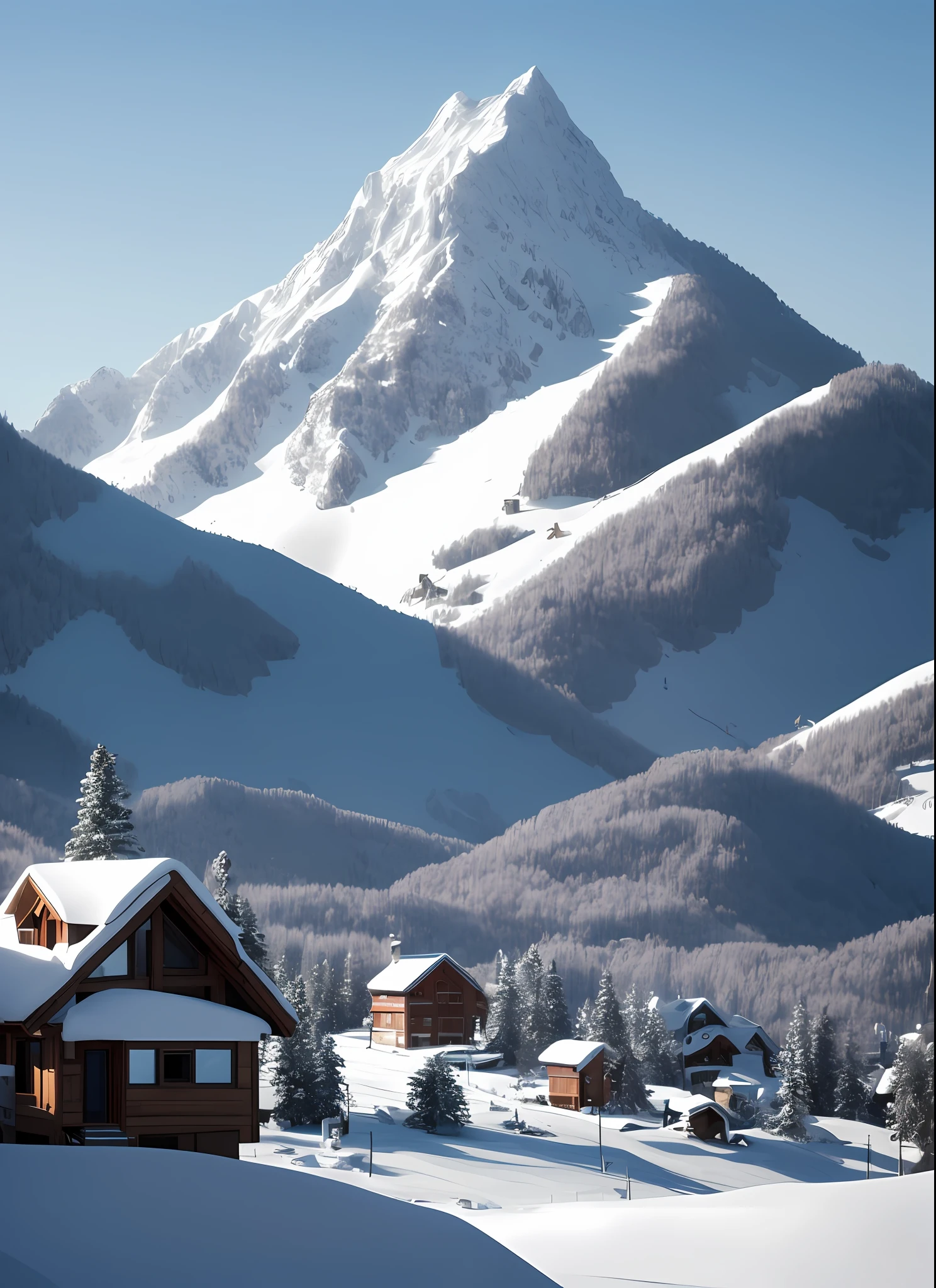 In a snow-covered mountain village, a small house is nestled between distant and near mountains. The white snowflakes are playing and falling gently among the miscellaneous trees, adding a touch of softness and haze to the whole picture. The cyan house and the red windows stand out against the white background, and they convey a little warmth to the world. The mountains in the distance blend into the blue sky, forming a harmonious and beautiful picture, which makes people feel the magic and charm of nature.