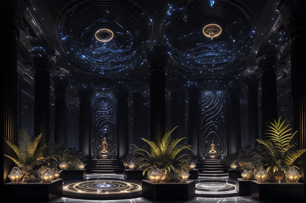 incredible black luxurious futuristic interior in Ancient Egyptian style with many (((lush plants))) (lotus flowers), ((palm trees)), (flowers), rocky walls, (sand), ((waterfalls)) (marble), ((precious minerals)), ((metals)), (gemstones), crystals, clouds and (water), (hieroglyphics), ((trees, flowers, plants made out of gemstones and precious minerals, gemstones and lights)), crocodiles, (((ultra luxury))), (black marble) – with ((beautiful lights)), Unreal Engine, HQ, 16k