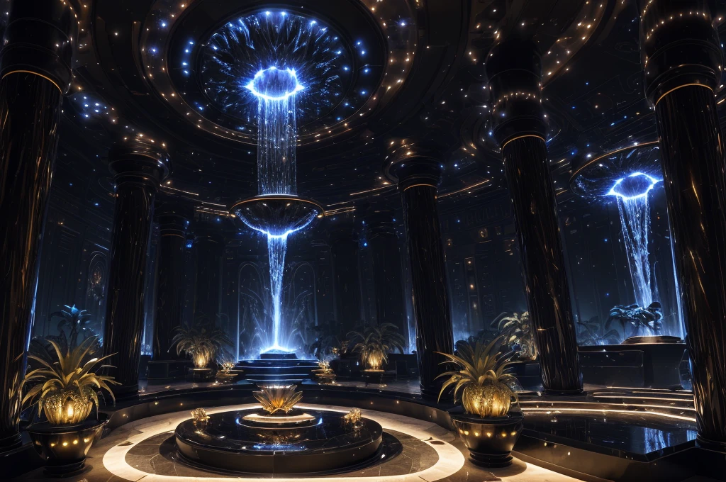 incredible black luxurious futuristic interior in Ancient Egyptian style with many (((lush plants))) (lotus flowers), ((palm trees)), (((flowers))), rocky walls, ((sand)), ((waterfalls)) (marble), ((precious minerals)), ((metals)), (gemstones), crystals, clouds and (water), (hieroglyphics), ((trees, flowers, plants made out of gemstones and precious minerals, gemstones and lights)), crocodiles, (((ultra luxury))), (black marble) – with ((beautiful lights)), Unreal Engine, HQ, 16k