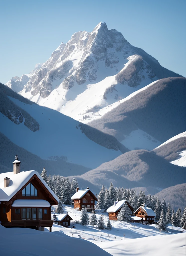In a snow-covered mountain village, a small house is nestled between distant and near mountains. The white snowflakes are playing and falling gently among the miscellaneous trees, adding a touch of softness and haze to the whole picture. The cyan house and the red windows stand out against the white background, and they convey a little warmth to the world. The mountains in the distance blend into the blue sky, forming a harmonious and beautiful picture, which makes people feel the magic and charm of nature.