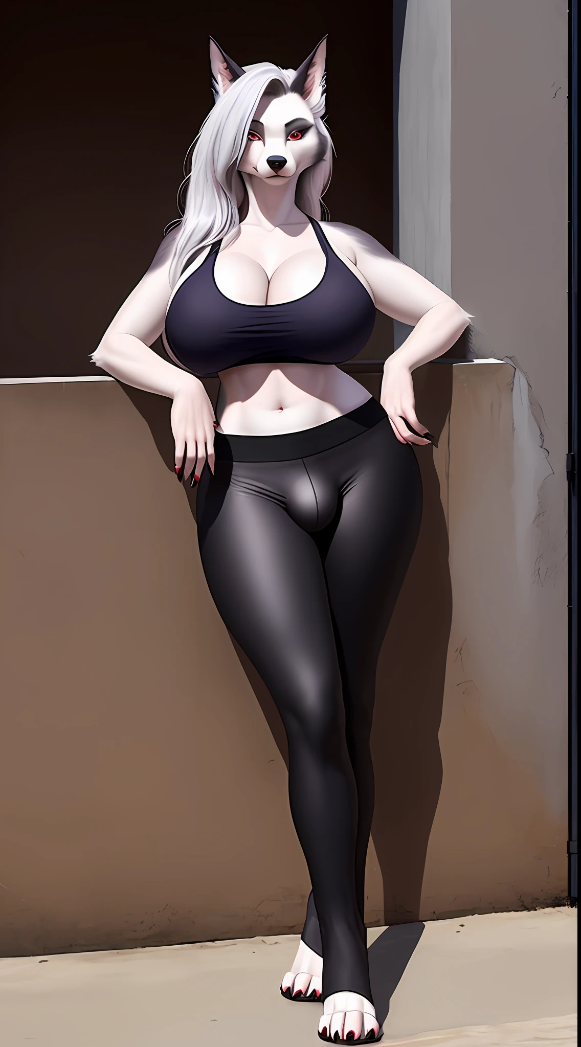 uploaded on e621, nsfw, raw photo, realistic, anthro, detailed face, detailed fur, snout, helluva boss, loona hellhound, loona, huge bulge, big breasts, leaning on wall, looking at viewer, cleavage, tank top, black yoga pants, focus on groin, detailed bulge