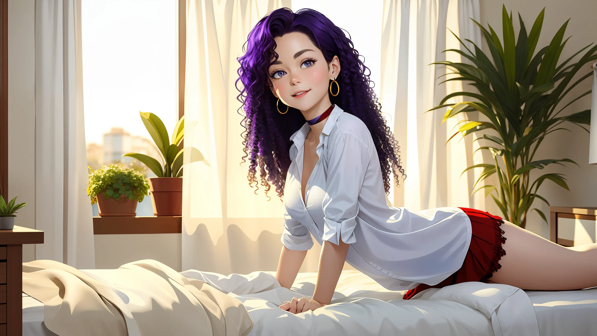 (extremely high quality CG artwork, best resolution),dynamic angle,[(1girl),curly brown hair,(purple eyes,naughty expression),dazzling choker and earrings,white button-down shirt,red mini skirt,lengthy red stockings,delicately placed on a cream-colored bed:pillow and sheet]::0.8,
background: [pink curtain, soft blue shadows, light shining in from the right, light leakage effect from the curtain, minimalistic decor: potted plant and wall clock]