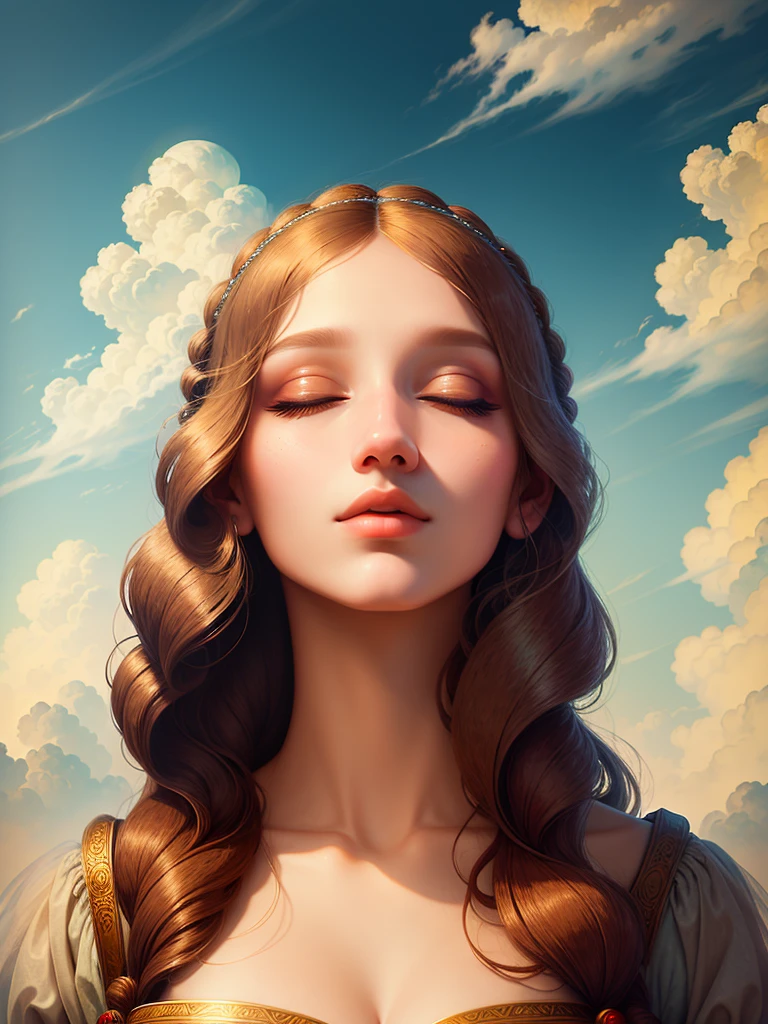 "An ethereal beauty slumbers peacefully on fluffy clouds, paying homage to the iconic artwork of Leonardo da Vinci with her perfect features, beautiful lips, and serene expression."