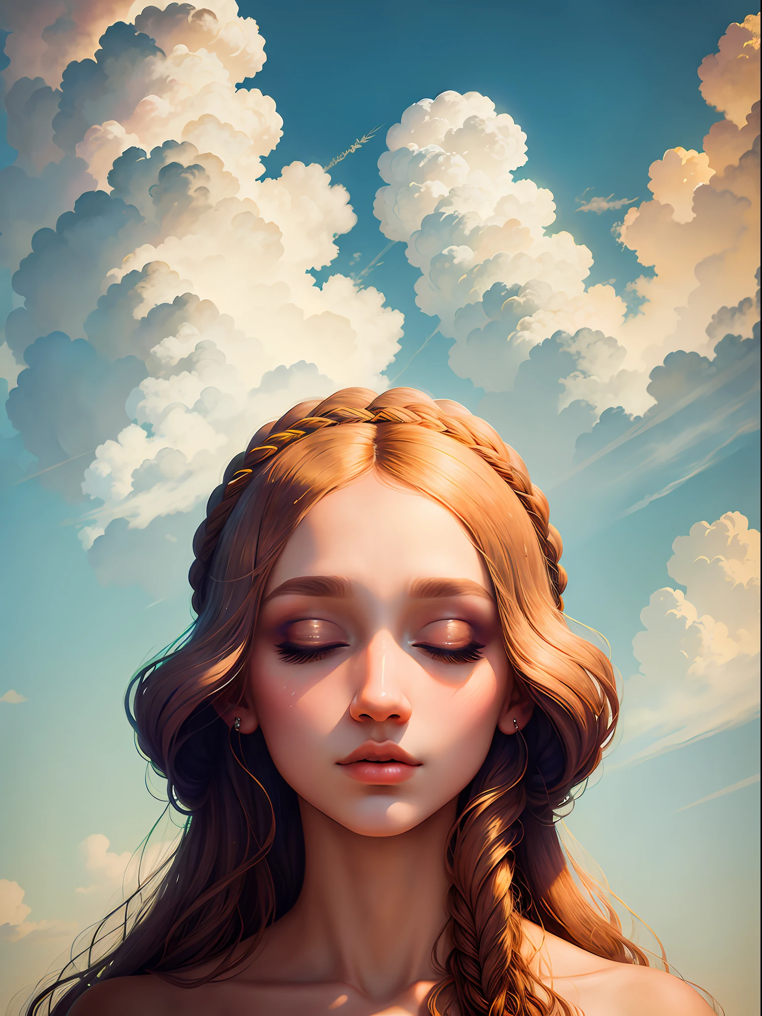 "An ethereal beauty slumbers peacefully on fluffy clouds, paying homage to the iconic artwork of Leonardo da Vinci with her perfect features, beautiful lips, and serene expression."