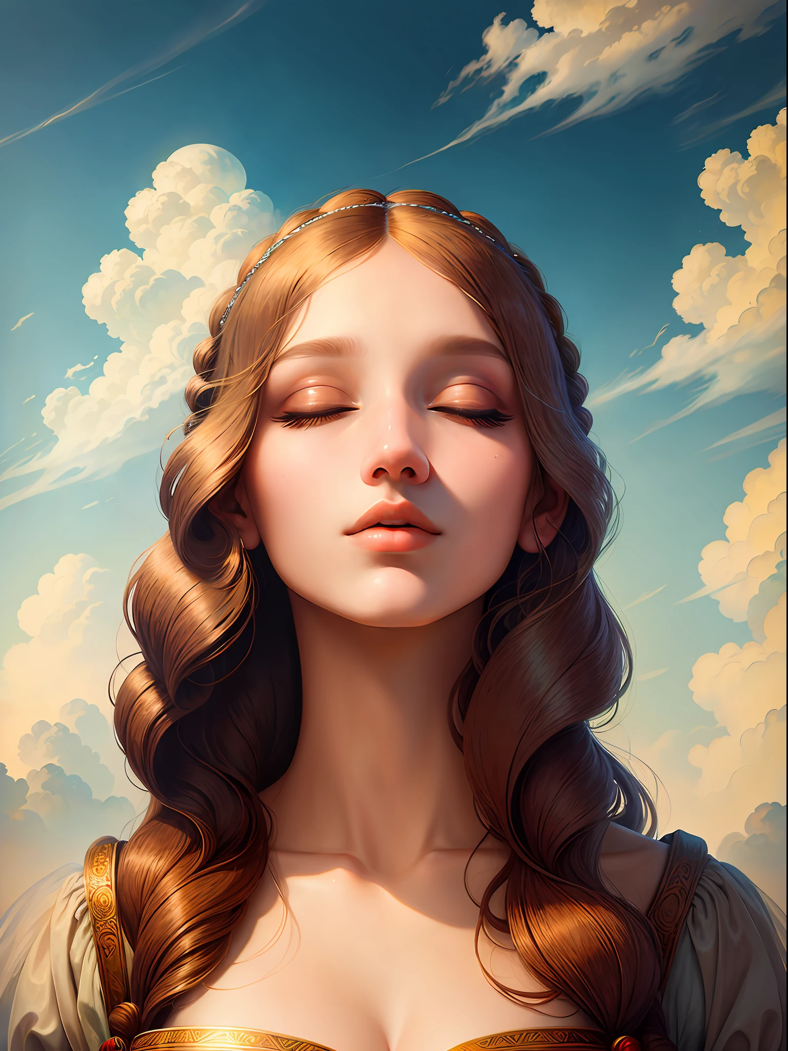 "An ethereal beauty slumbers peacefully on fluffy clouds, paying homage to the iconic artwork of Leonardo da Vinci with her perfect features, beautiful lips, and serene expression."