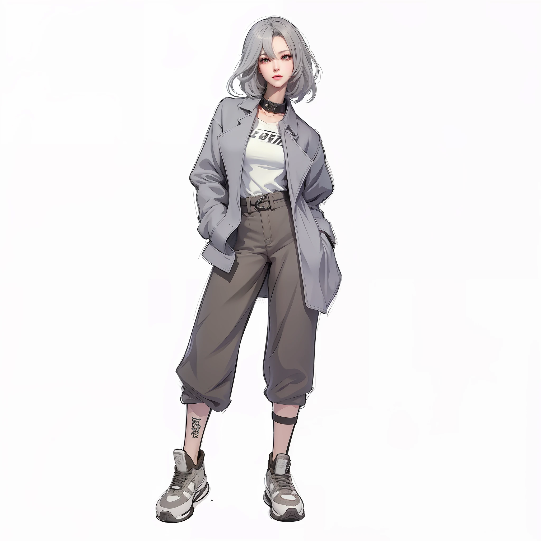 anime - style drawing of a woman in a gray coat and black pants, unrealistic character concept, muted cyberpunk style, anime style character, full body character design, urban girl fanart, realistic character concept, full body character drawing, character full body portrait, full body illustration, full body character concept, anime full body illustration, high quality character design, highly detailed character design
