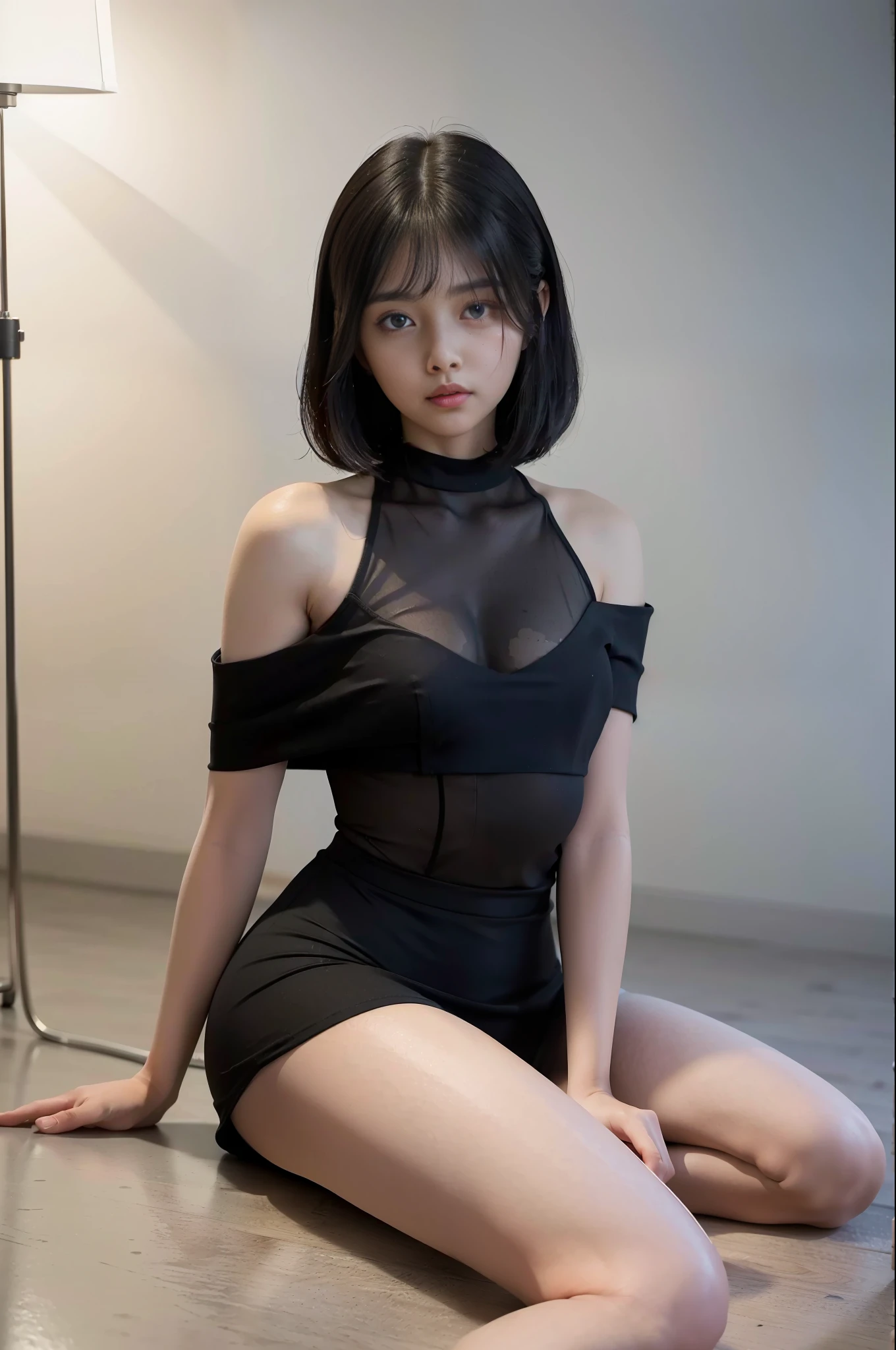 Highest quality, full body detail, golden ratio, (theater lighting: 0.7)(kpop), masterpiece, viewer angle shot, RAW photo (black short messy shoulder length hair, tanned 18 year old filipina female wearing office uniform, looking straight having an, cute C cup Size breast, (sitting on the floor legs open), small flat breasts, full body portrait, perfect face, amazing eyes, vivid details, (highly detailed skin), (blue tint: 0.6), (dirty: 0.8), (blood: 0.7), accent lighting (backlight: 0.5), depth of field, Canon 5D, 50mm lens, f/4 aperture, (super detail), sharp focus, soft colors, 8k , conscious, 8mm film grain, war photography, see through wear angle shot