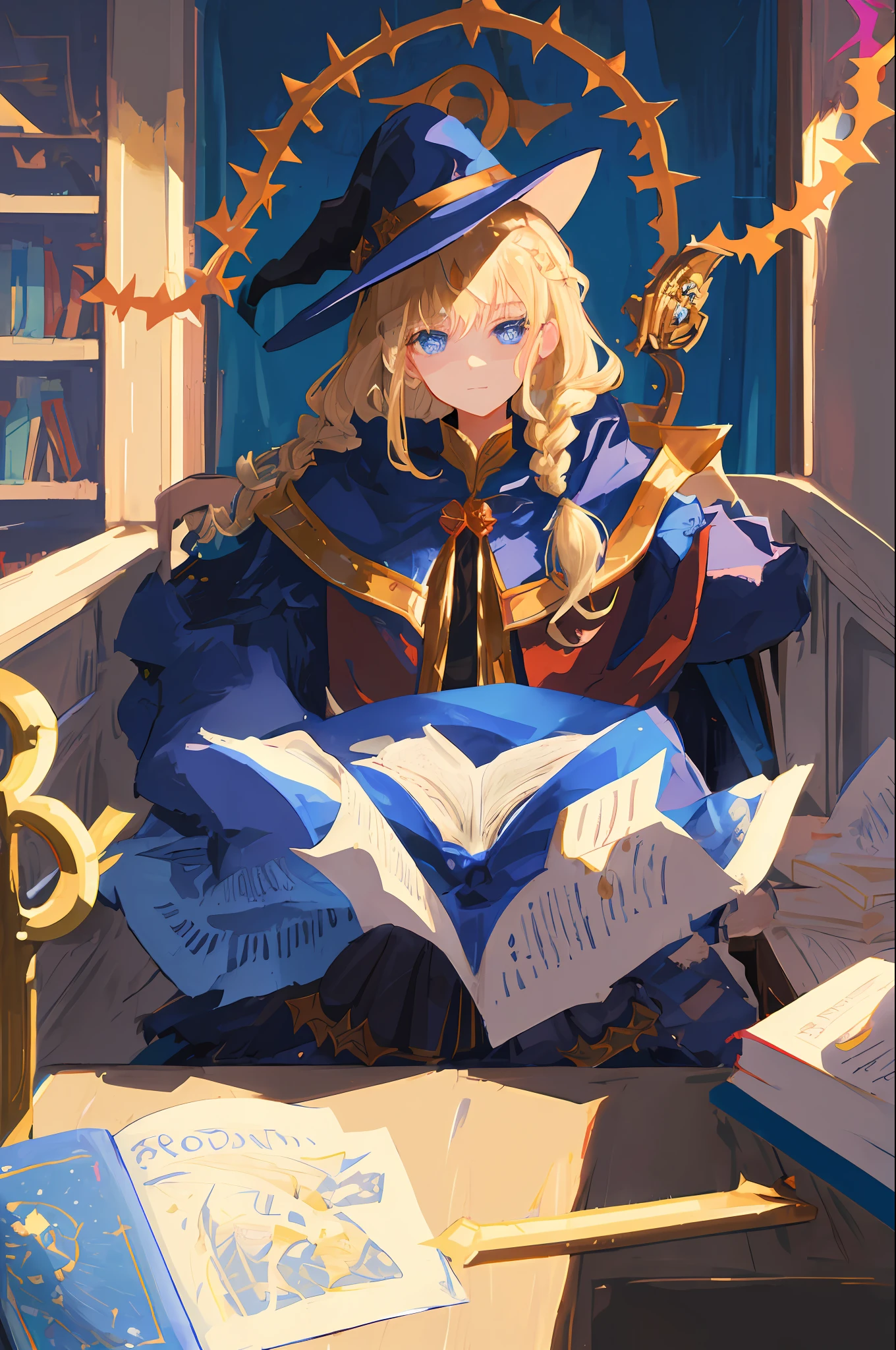 Solo, 1girl, masterpiece, best quality, extremly detailed, Cinematic lighting, intricate detail, highres, official art, finely detailed beautiful face and eyes, high resolution illustration, 8k, dark intense shadows, overexposure, [blonde hair/brown hair], single braid, blue eyes, smug, sitting on chair, upper body, large breasts, dark blue cape, leather belts, wizard hat, book_stack, library, ((vine)), rose, looking at the viewer