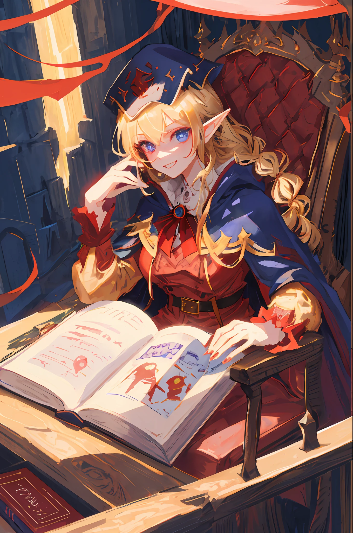 Solo, 1girl, masterpiece, best quality, extremly detailed, dramatic lighting, intricate detail, highres, official art, finely detailed beautiful face and eyes, high resolution illustration, 8k, dark intense shadows, overexposure, [blonde hair/brown hair], single braid, elf ears, 25 years old, blue deep eyes, really black pupils, red eyeliner, red eyeshadow, red eyelashes, crazy smile, sitting on chair, upper body, large breasts, dark blue cape, leather belts, pointy big wizard hat, book_stack, library, ((vine)), rose, looking at the viewer