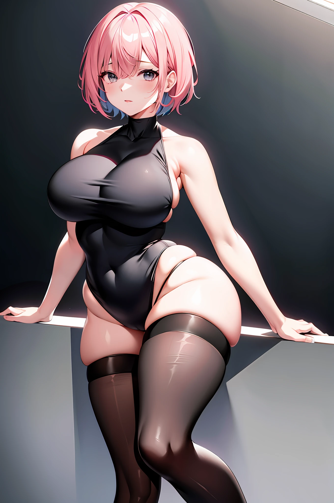 High school girl, pink short hair, bangs cover one eye, sagging eyes, big breasts, thick thighs, black tights (sleeveless, high neck, high leg), leaning forward girl