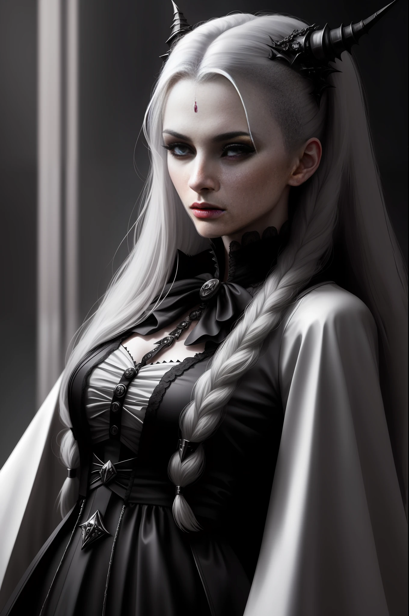 Dracula tribute photorealistic, full body professional photo, dark fantasy, highly detailed scary vampire woman dracula with white long hair wearing a black coat and ruffled shirt with a high collar, standing up with pointed horns, blood covered marble floor, intricate details and sharp, ((incredibly detailed face, incredibly detailed skin, incredibly  detailed eye)),((detailed facial features)) ,(depth of field:0.8), ((sharp focus:1.4)),epic ambiant light, very dark lighting, extremely detailed eye and face, detailed background,8k resolution, cinematic, (by Bram STOKER)