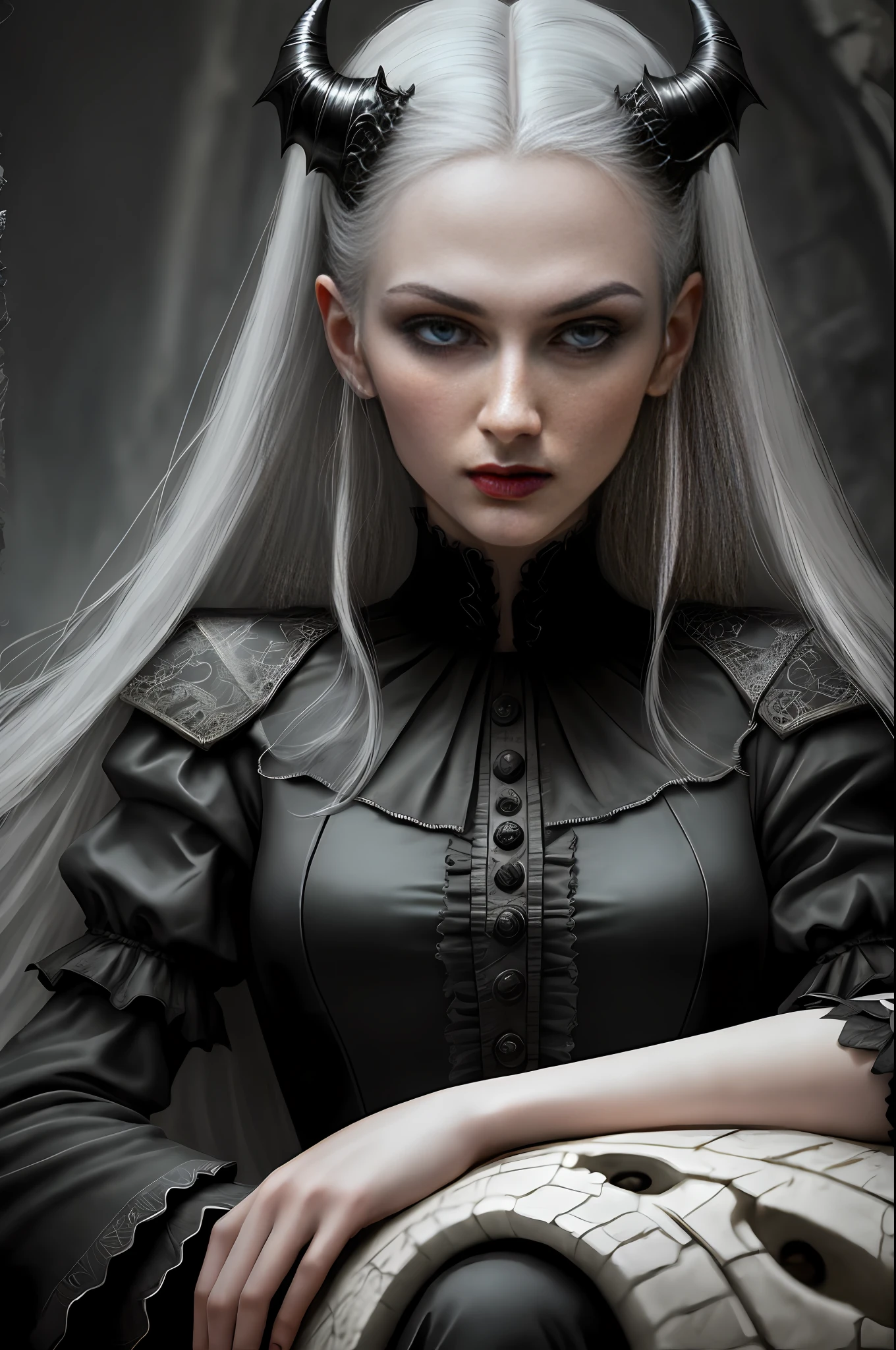 Dracula tribute photorealistic, full body professional photo, dark fantasy, highly detailed scary vampire woman dracula with white long hair wearing a black coat and ruffled shirt with a high collar, sitting on a bone chair with pointed horns, blood covered marble floor, intricate details and sharp, ((incredibly detailed face, incredibly detailed skin, incredibly  detailed eye)),((detailed facial features)),(covered in skulls) ,(lying on her back in a pit of skulls) ,(depth of field:0.8), ((sharp focus:1.4)),epic ambiant light, very dark lighting, extremely detailed eye and face, detailed background,8k resolution, cinematic, (by Bram STOKER)