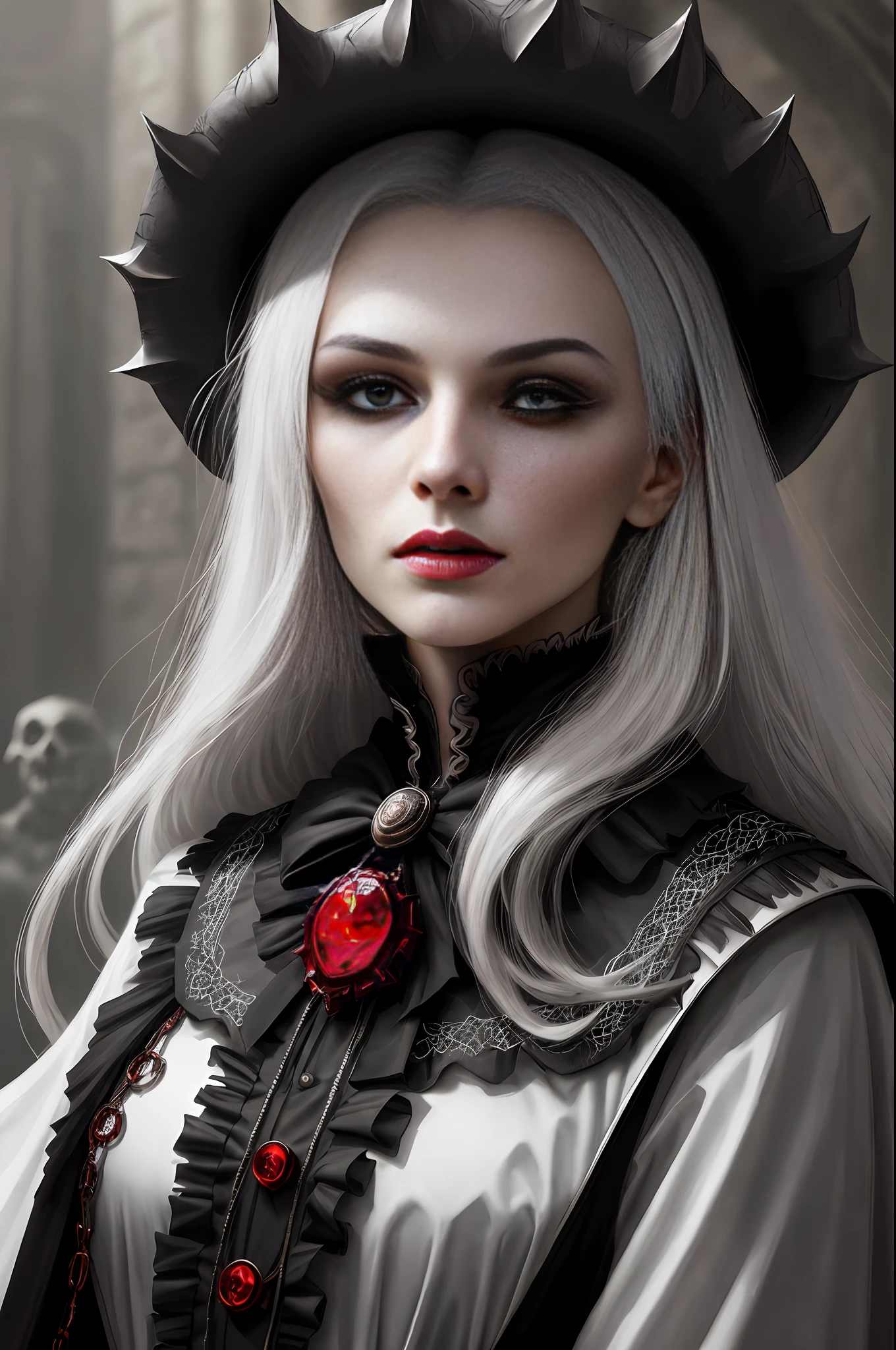 Dracula tribute photorealistic, full body professional photo, dark fantasy, highly detailed scary vampire woman dracula with white long hair wearing a black coat and ruffled shirt with a high collar, sitting on a bone chair with pointed horns, blood covered marble floor, intricate details and sharp, ((incredibly detailed face, incredibly detailed skin, incredibly detailed eye)),((detailed facial features)),(covered in skulls) ,(lying on her back in a pit of skulls) ,(depth of field:0.8), ((sharp focus:1.4)),epic ambiant light, very dark lighting, extremely detailed eye and face, detailed background,8k resolution, cinematic, (by Bram STOKER)